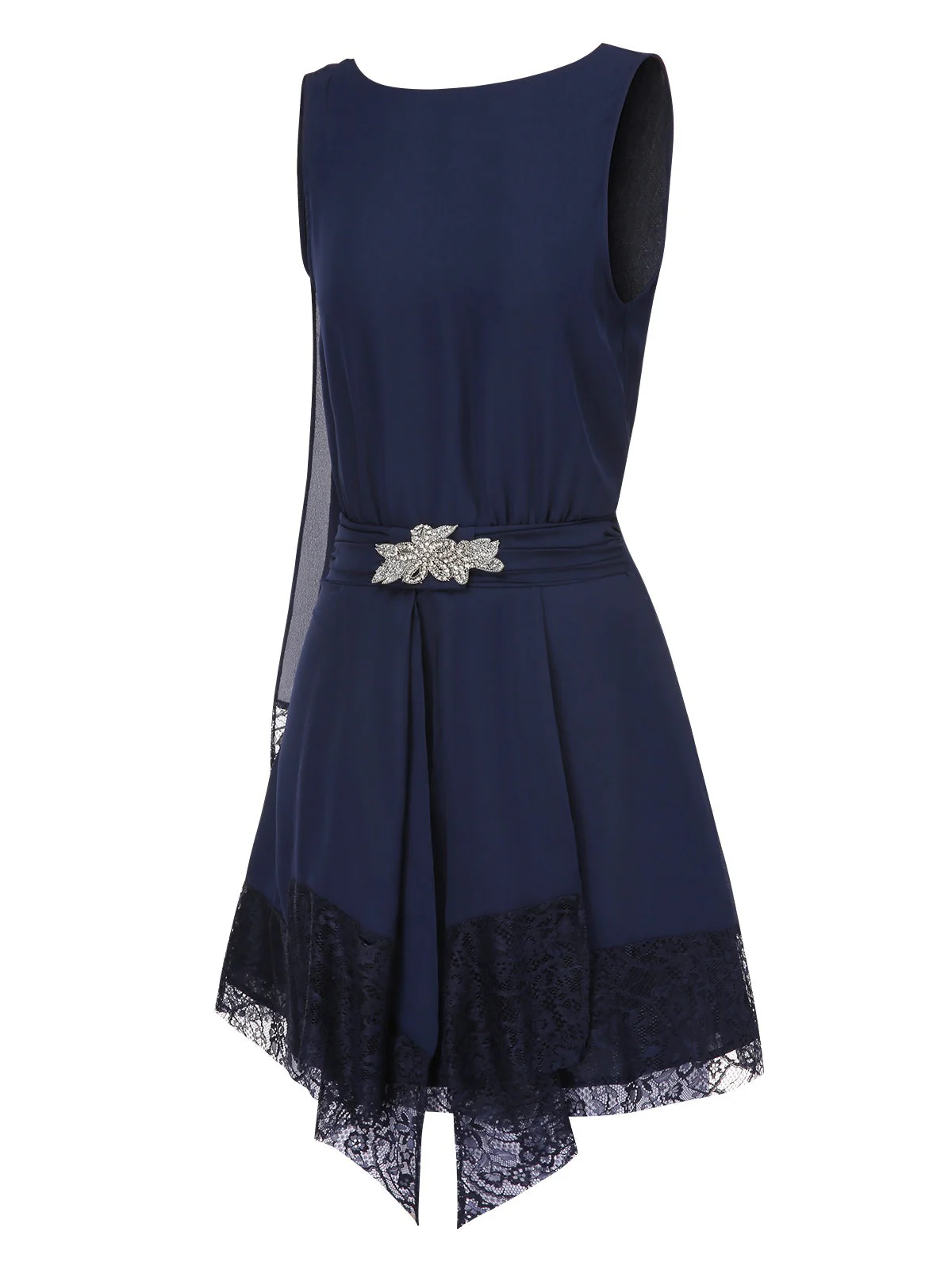 Blau 1920er Spitze Patchwork Strassstein Kleid - Image 4