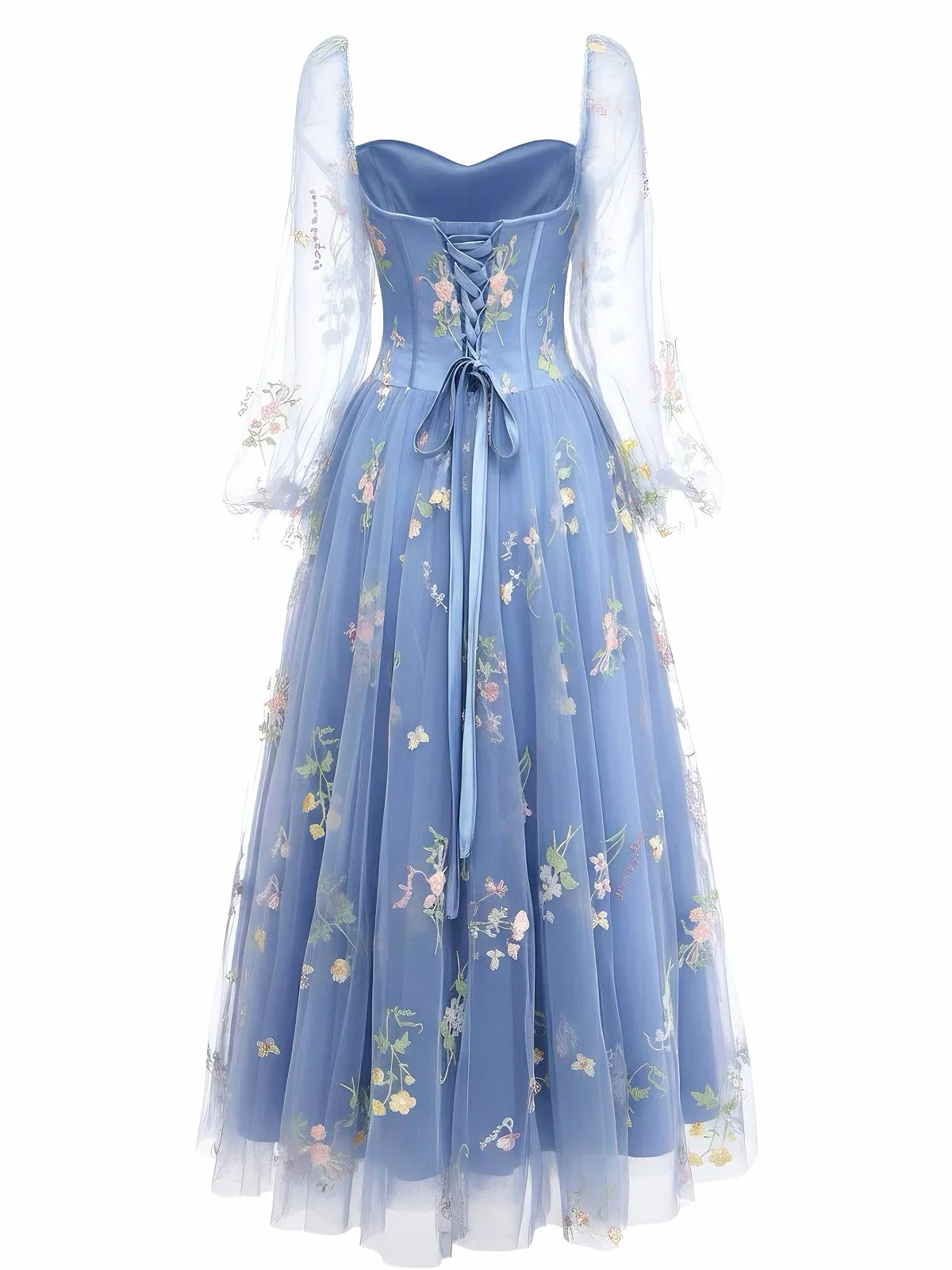 Blau 1930er Blumen Bestickt Netz Langarm Kleid - Image 2