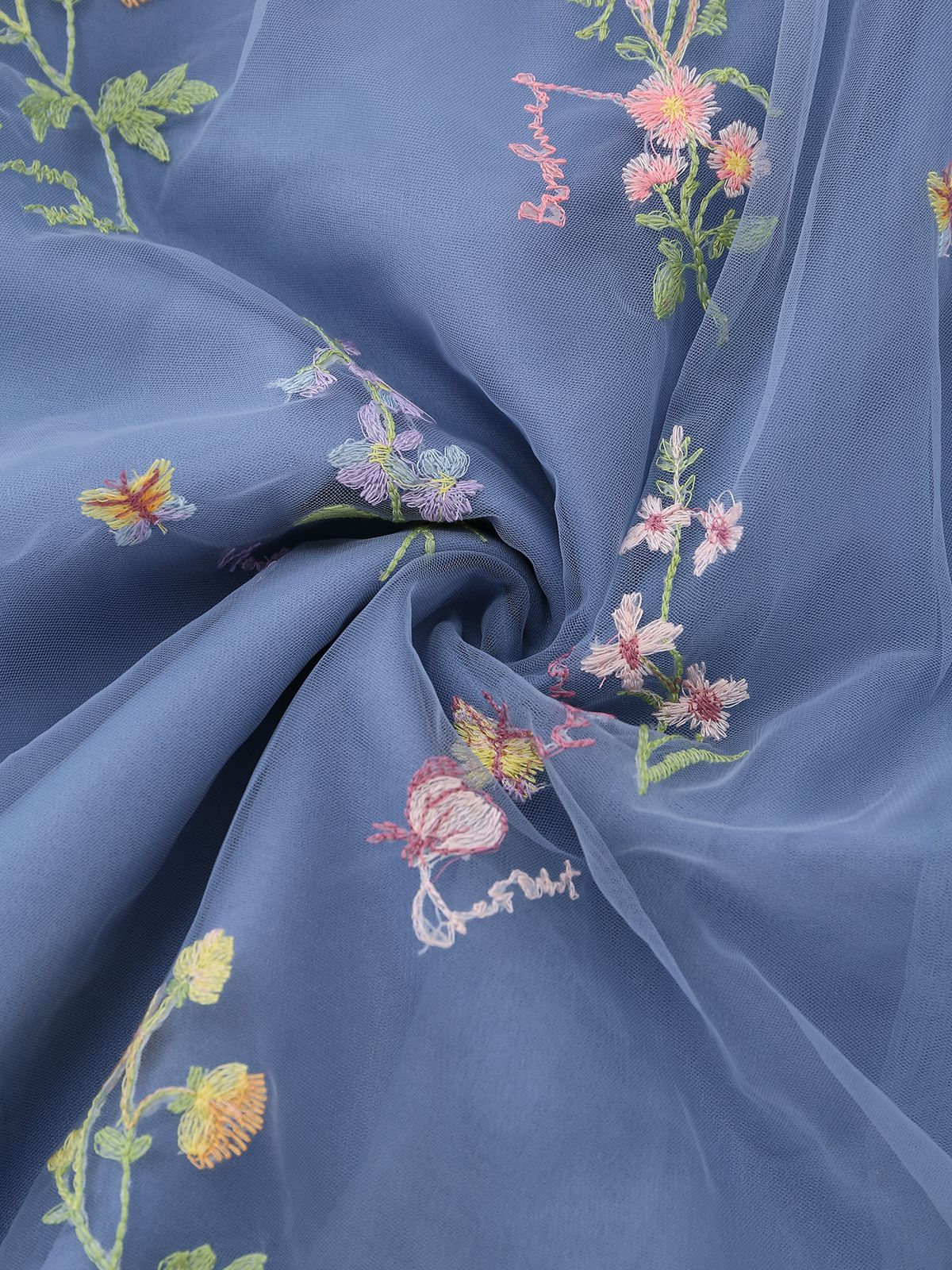 Blau 1930er Blumen Bestickt Netz Langarm Kleid - Image 4