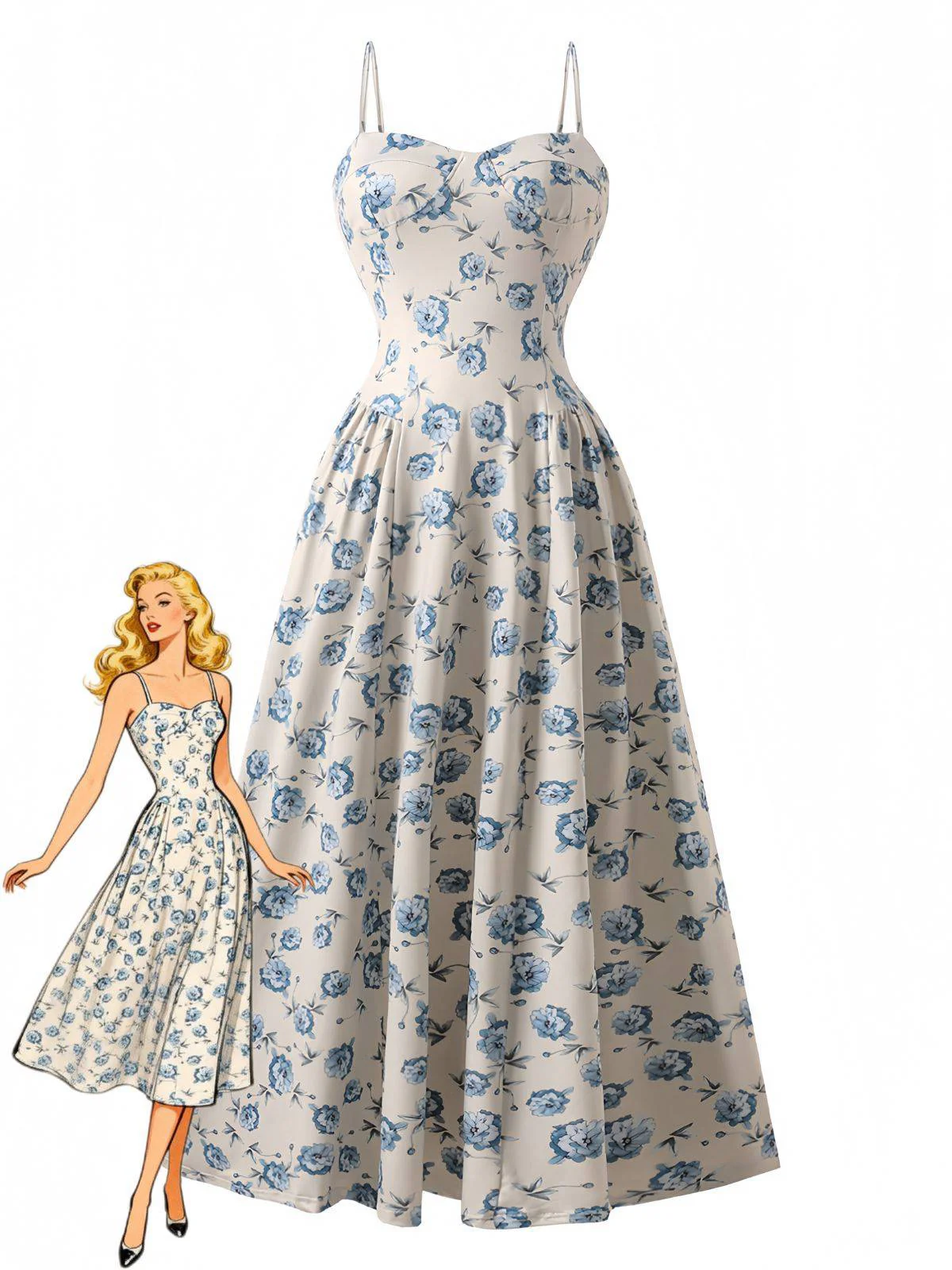 Blau 1930er Blumen Spaghetti Träger Maxi Kleid