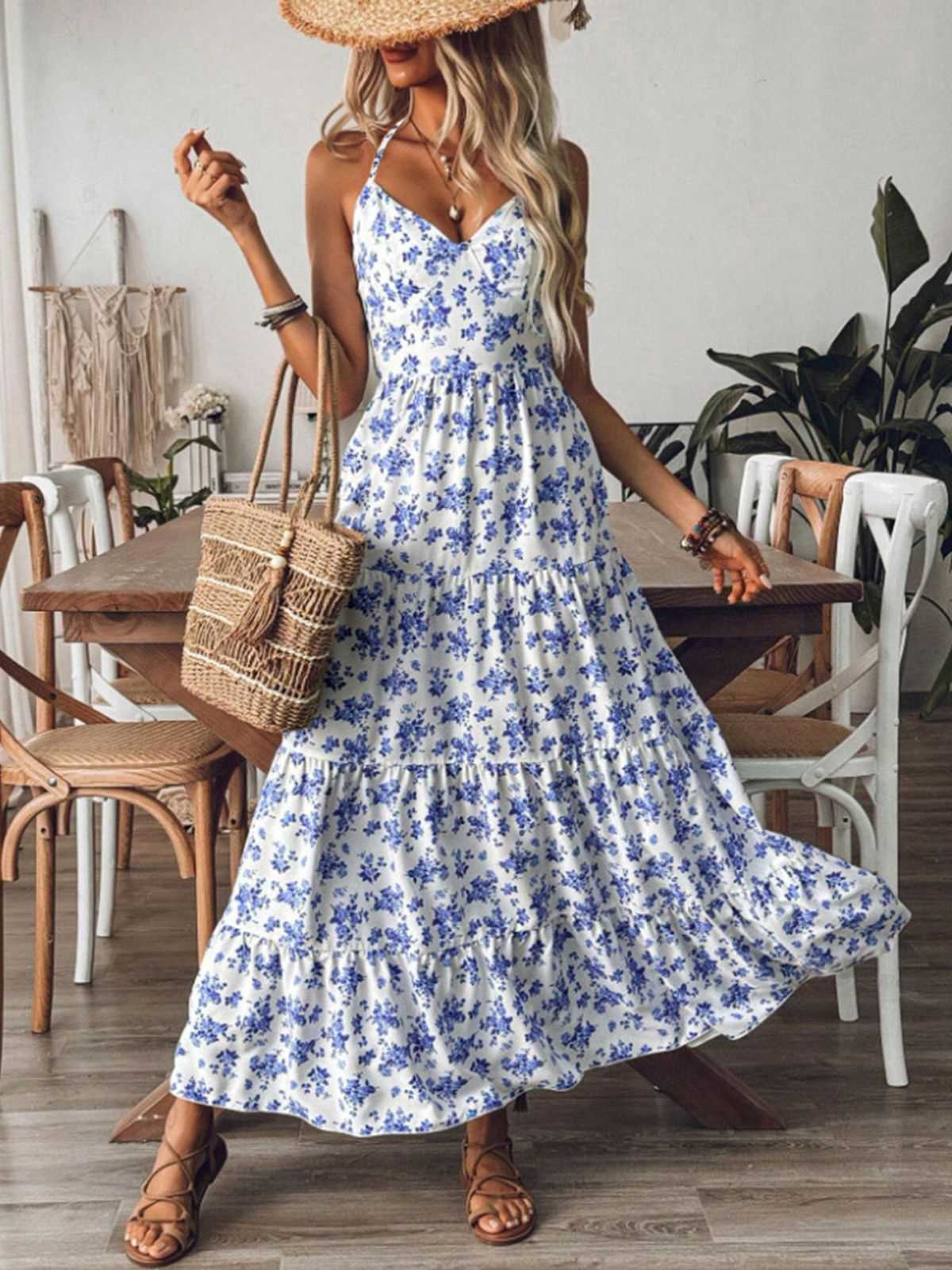 Blau 1930er Blumen Zurückbinden Gestuftes Maxi Kleid