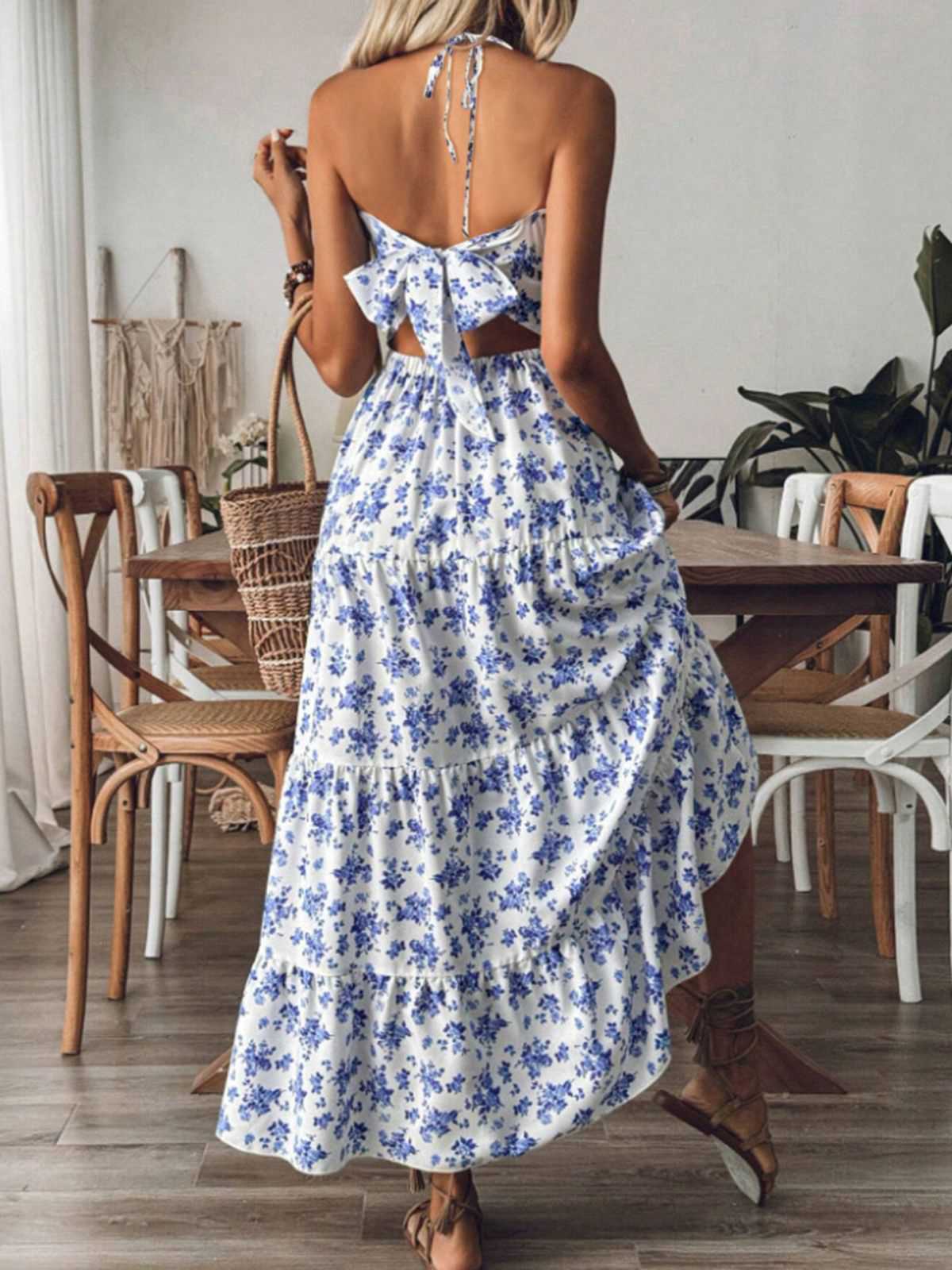 Blau 1930er Blumen Zurückbinden Gestuftes Maxi Kleid - Image 2