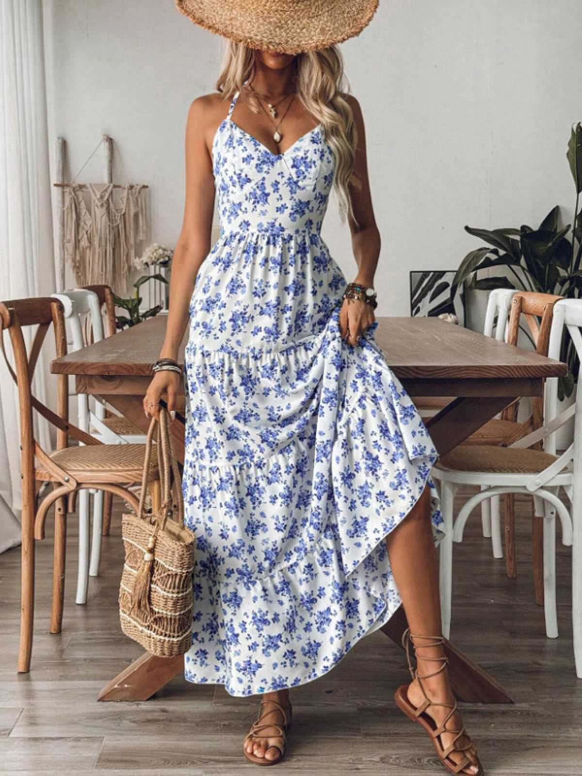 Blau 1930er Blumen Zurückbinden Gestuftes Maxi Kleid - Image 3