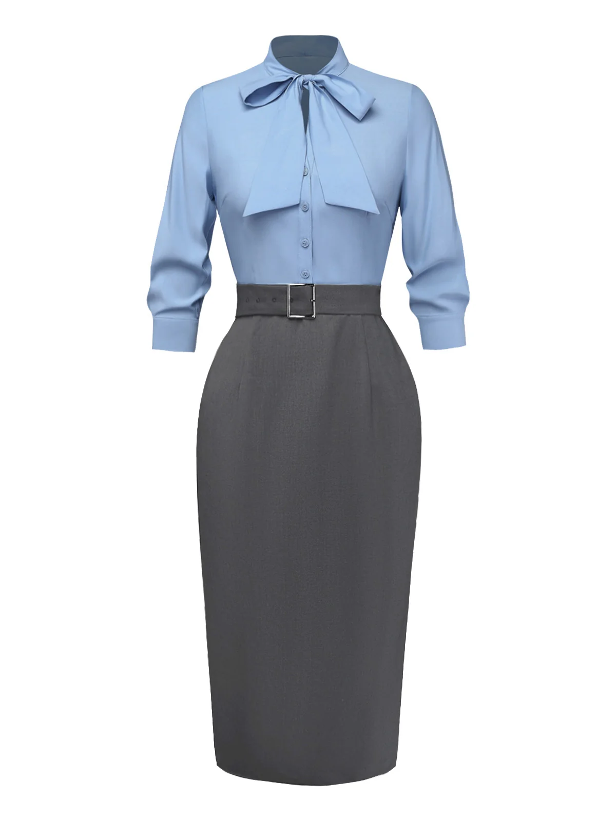 Blau 1930er Bogen Schleife Gürtel Bleistift Kleid - Image 3
