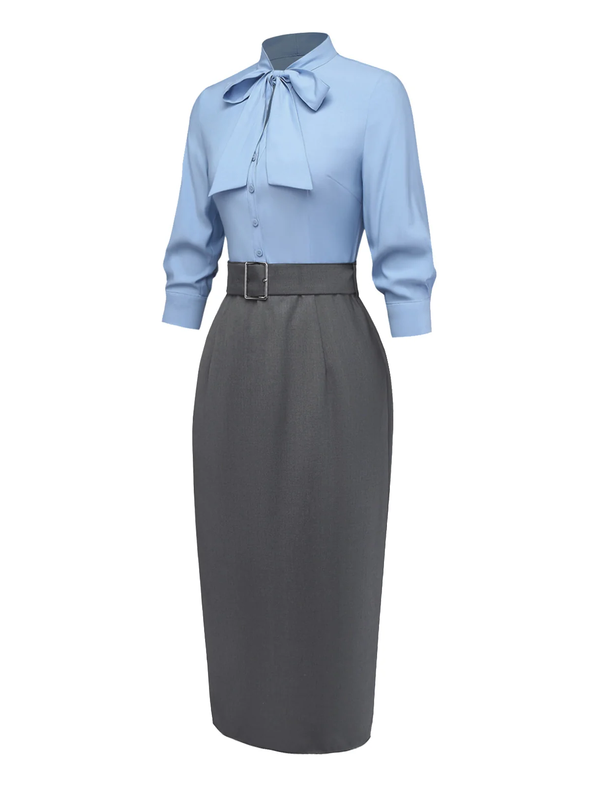 Blau 1930er Bogen Schleife Gürtel Bleistift Kleid - Image 4