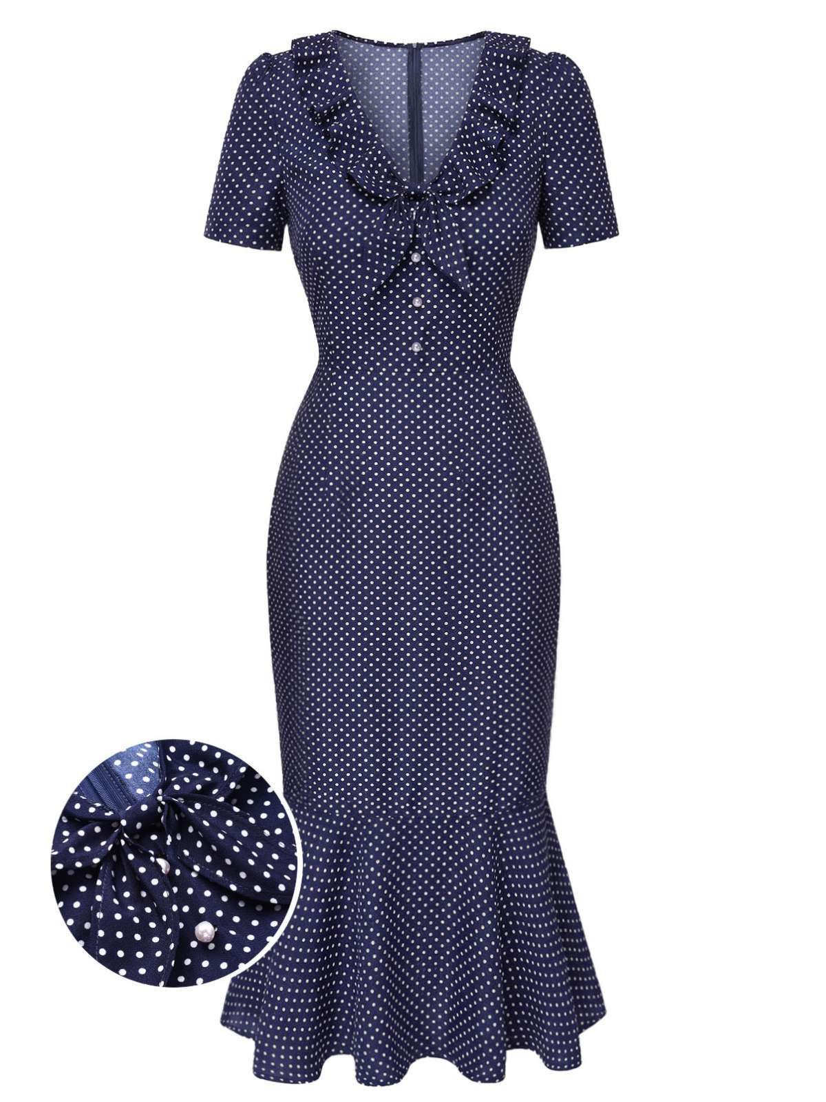 Blau 1930er Polka Dot Rüschen Kragen Fischschwanzkleid - Image 2
