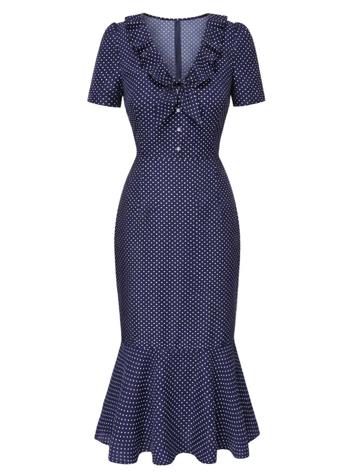 Blau 1930er Polka Dot Rüschen Kragen Fischschwanzkleid - Image 3