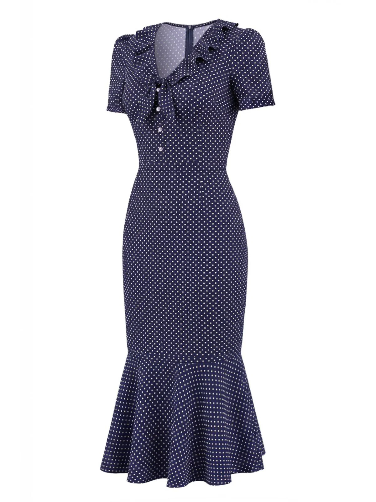 Blau 1930er Polka Dot Rüschen Kragen Fischschwanzkleid - Image 4