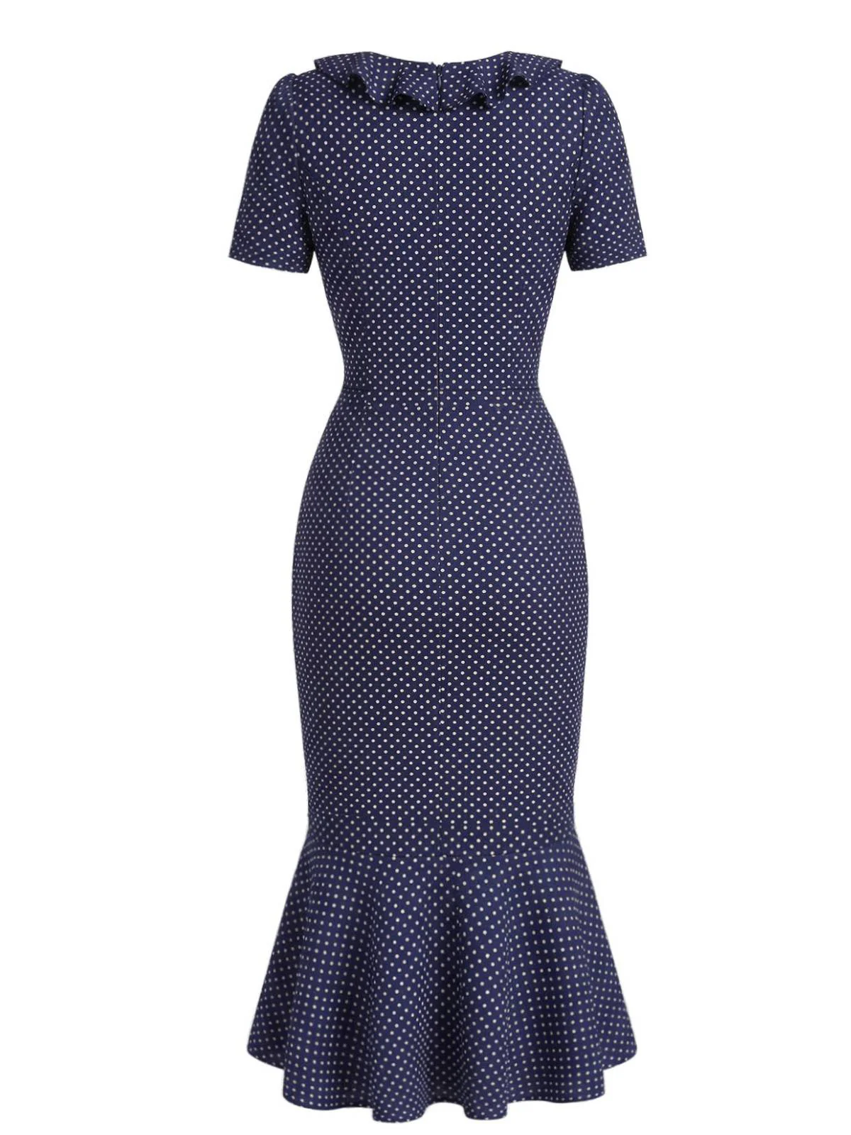 Blau 1930er Polka Dot Rüschen Kragen Fischschwanzkleid - Image 5