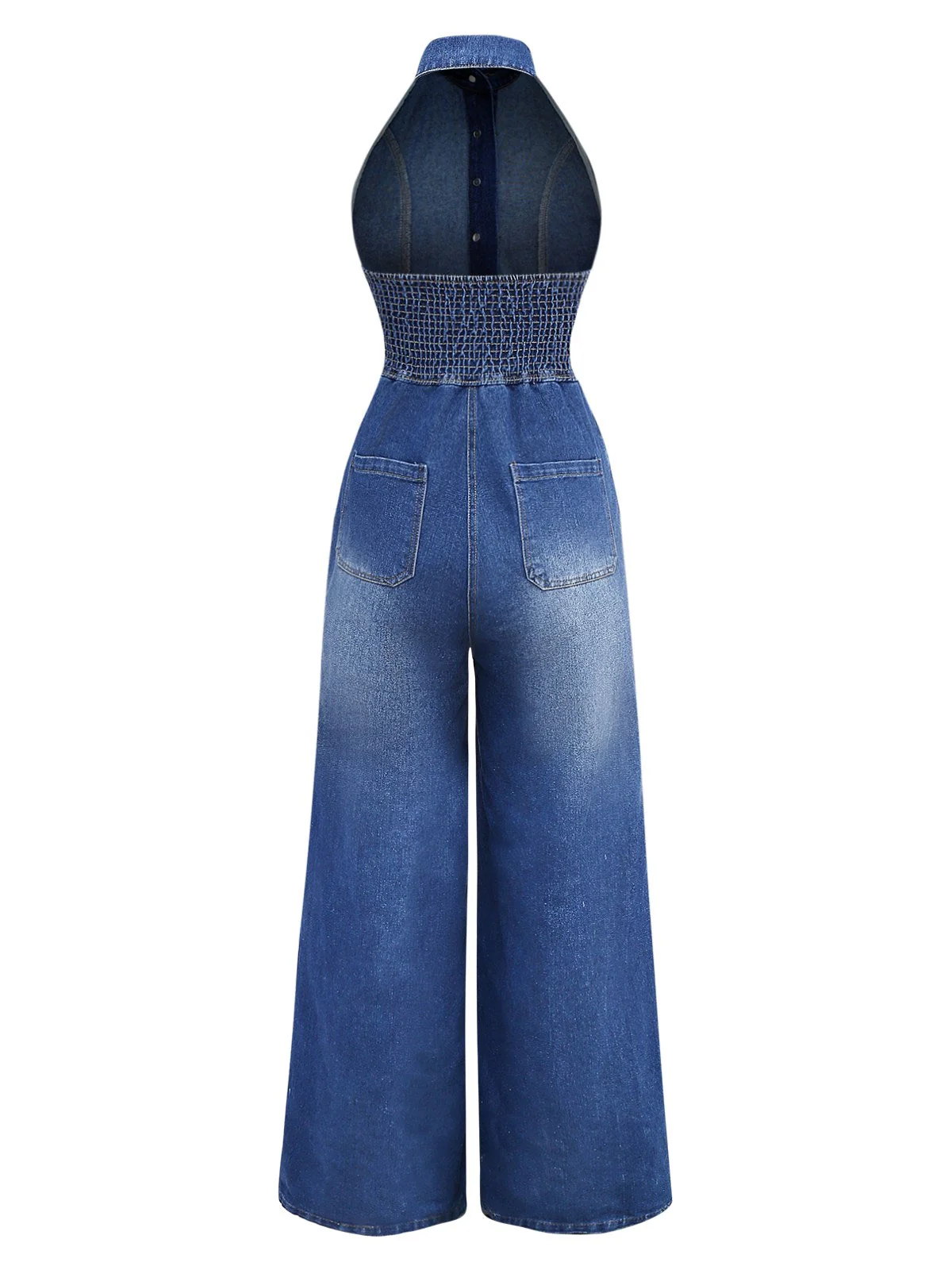 Blau 1930er Revers Ärmellos Weites Bein Denim Jumpsuit - Image 2
