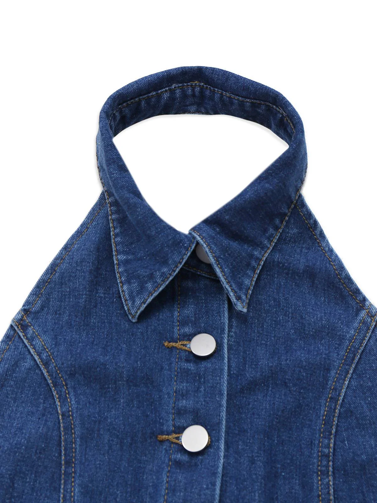 Blau 1930er Revers Ärmellos Weites Bein Denim Jumpsuit - Image 4