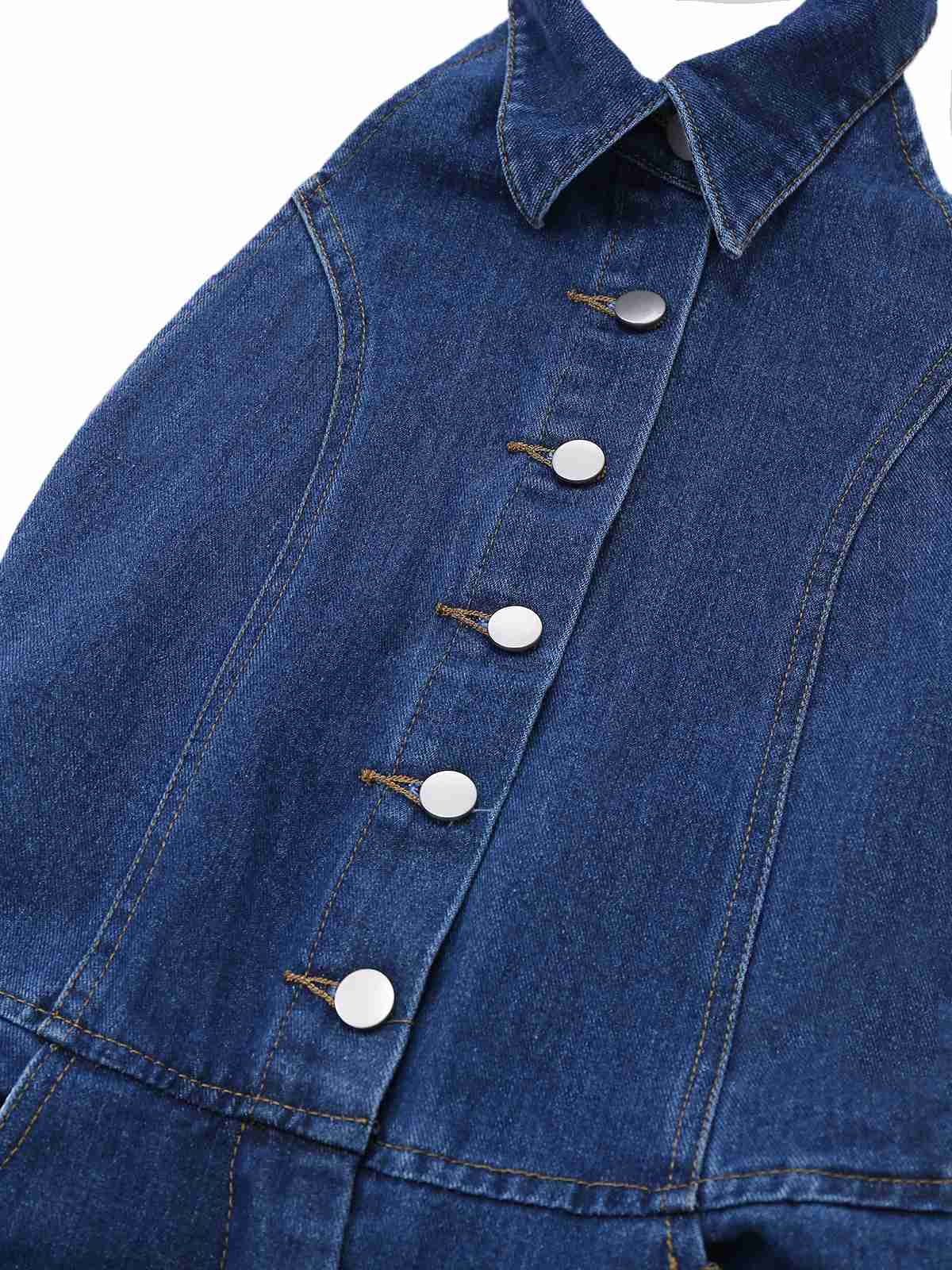 Blau 1930er Revers Ärmellos Weites Bein Denim Jumpsuit - Image 5