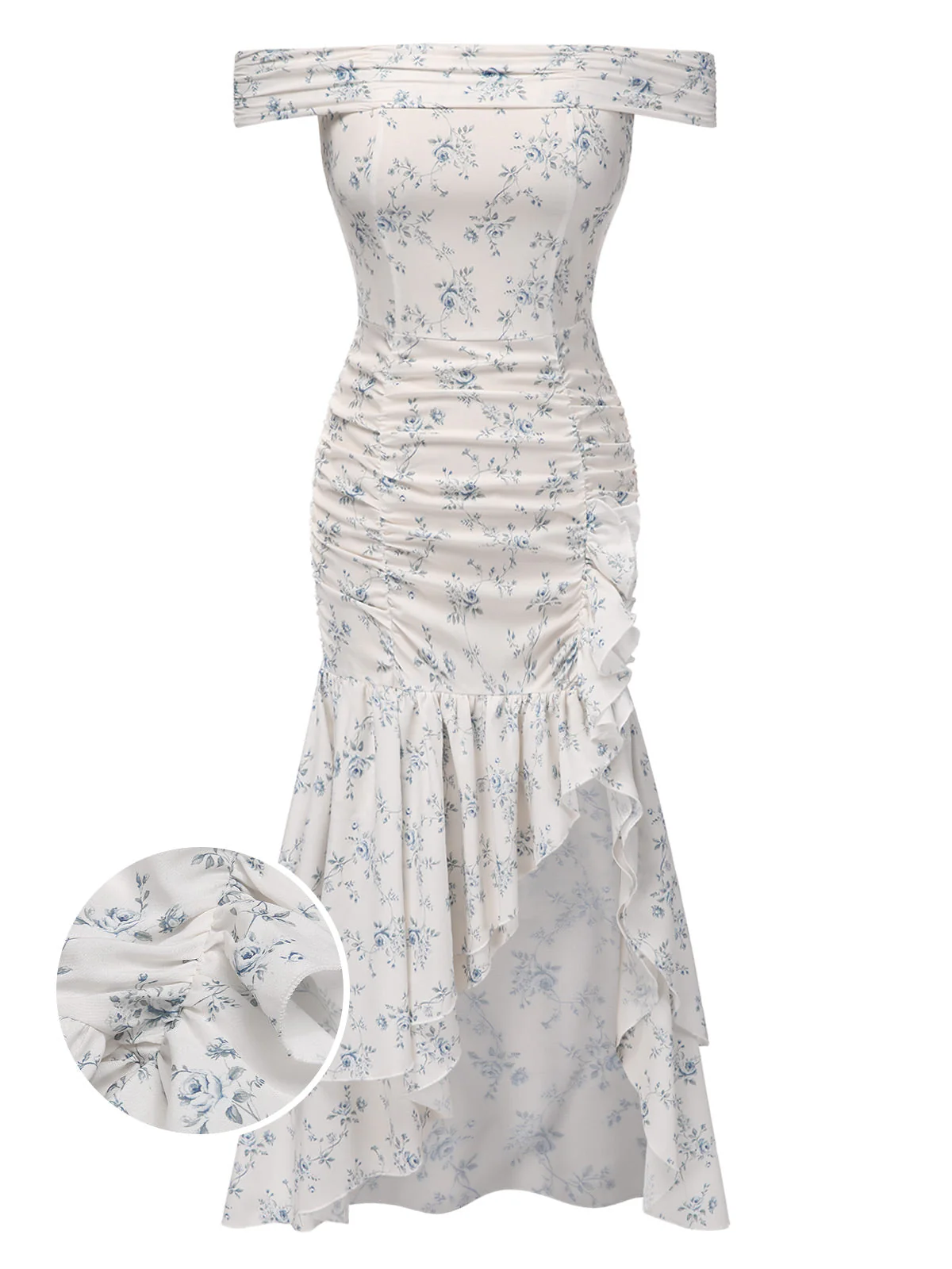 Blau 1930er Schulterfrei Blumen Rüschen Kleid
