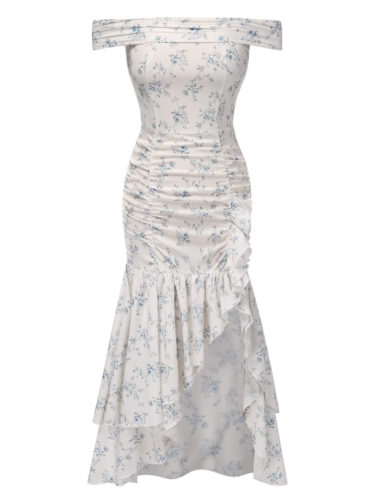 Blau 1930er Schulterfrei Blumen Rüschen Kleid - Image 4