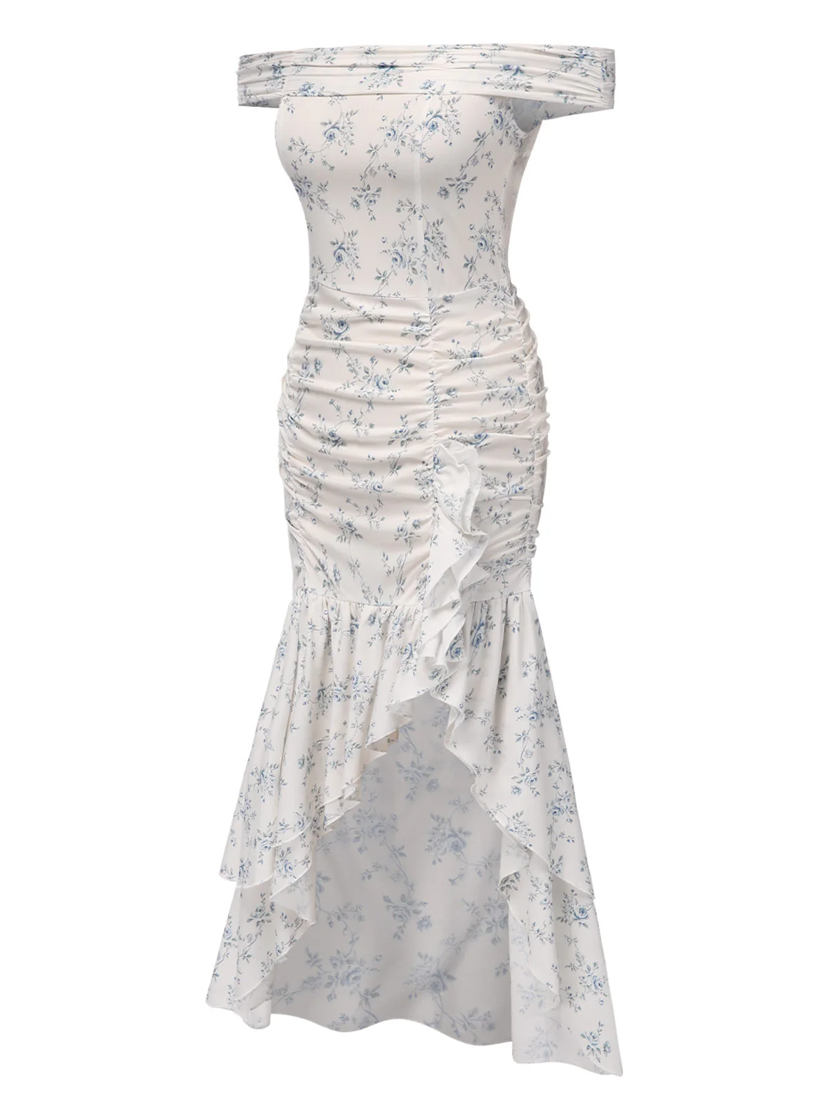 Blau 1930er Schulterfrei Blumen Rüschen Kleid - Image 5
