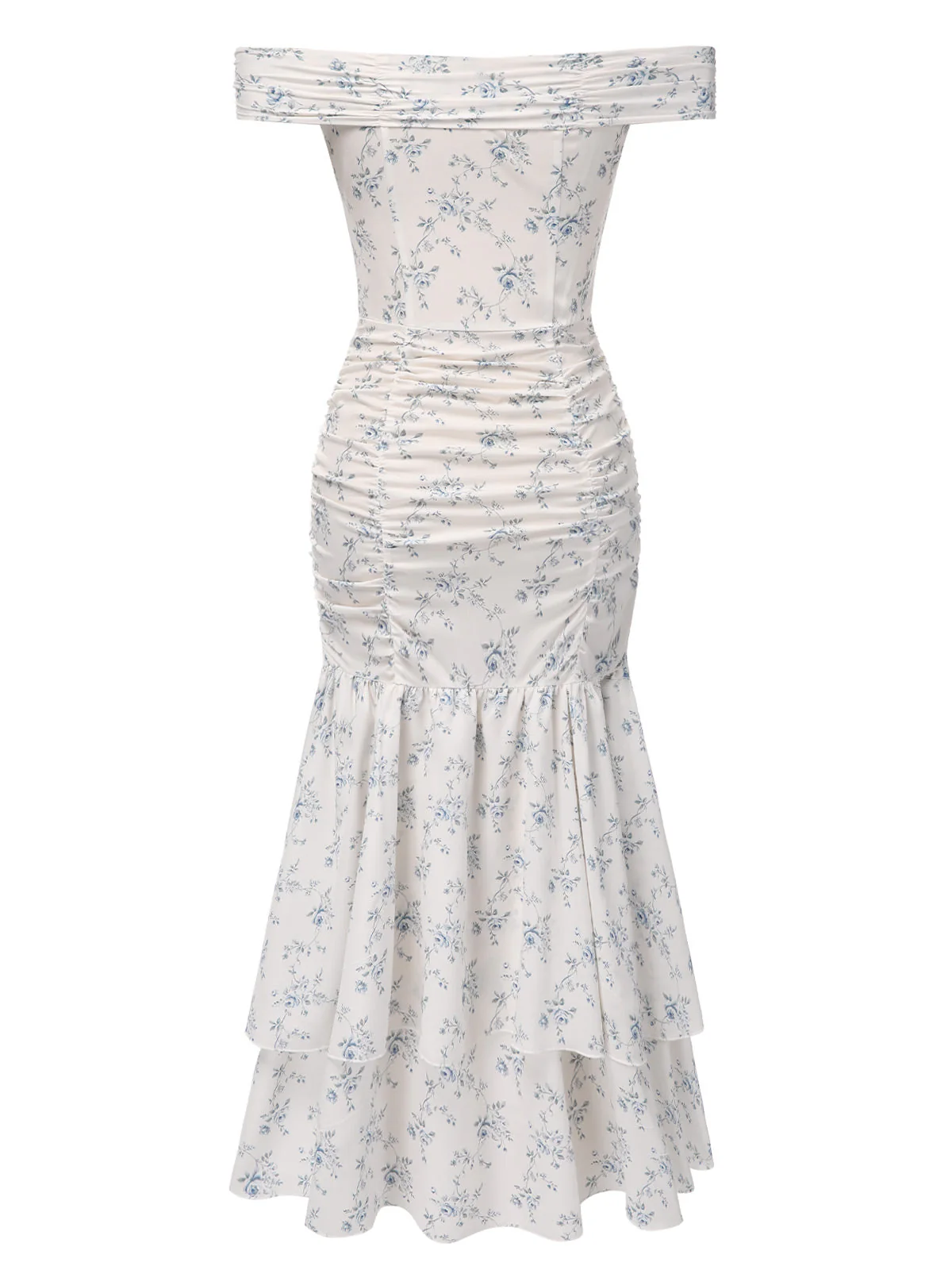 Blau 1930er Schulterfrei Blumen Rüschen Kleid - Image 6