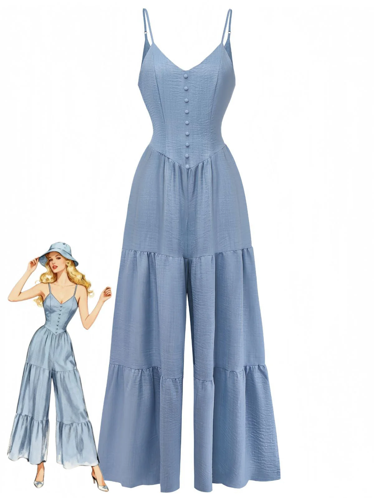 Blau 1930er Solide Tiefer V Gestuft Gerafft Jumpsuit