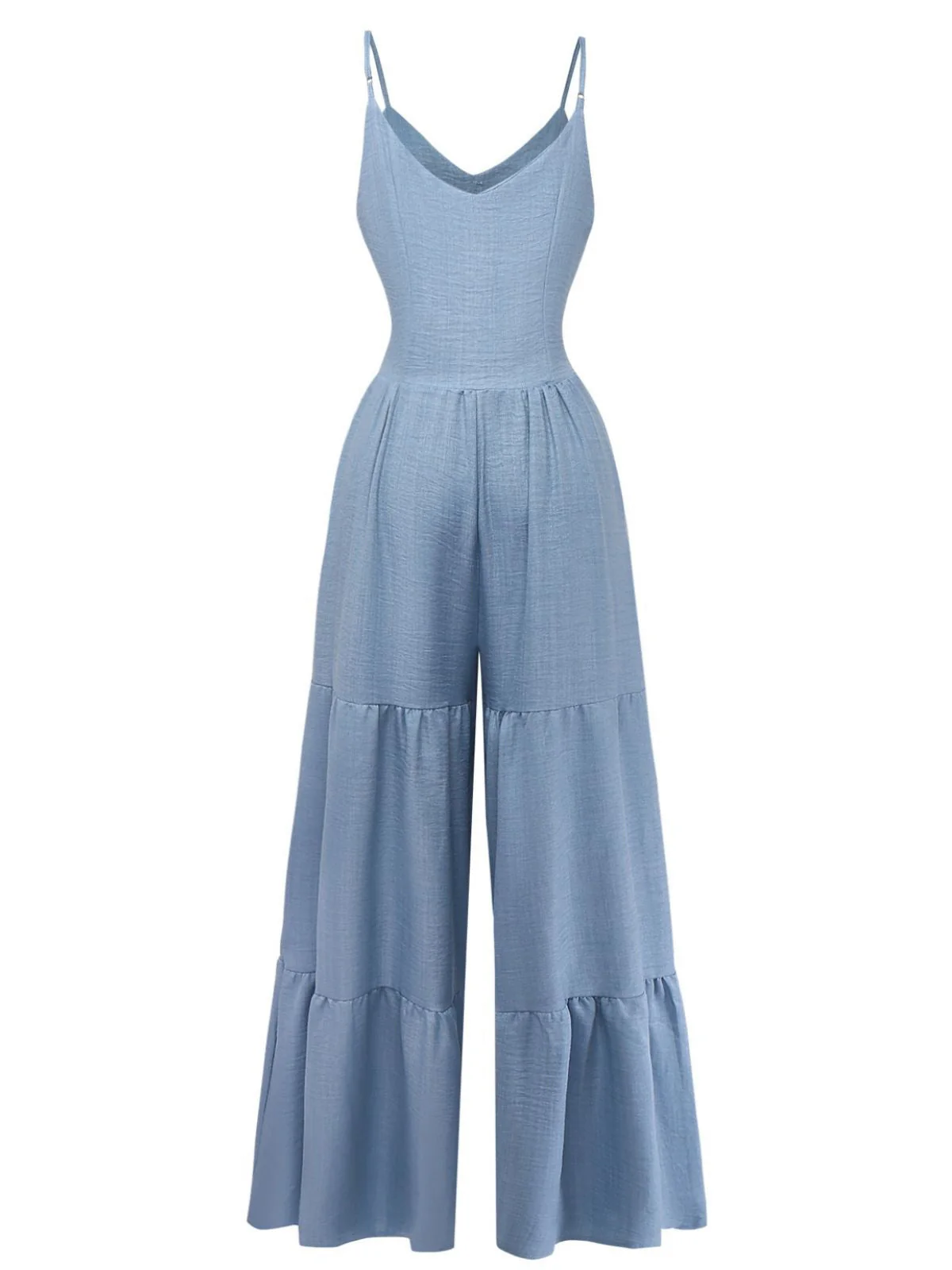 Blau 1930er Solide Tiefer V Gestuft Gerafft Jumpsuit - Image 3