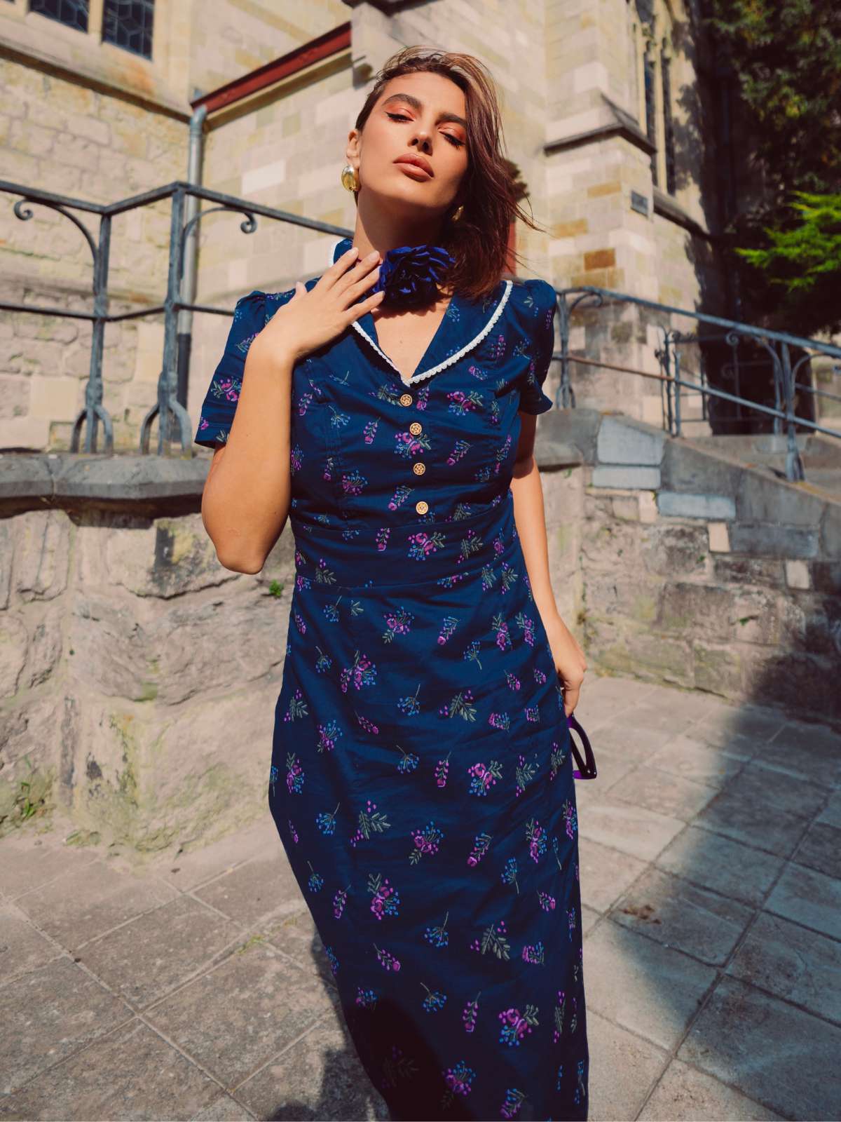 Blau 1940er Baumwolle Puffärmel Revers Blumen Kleid - Image 2