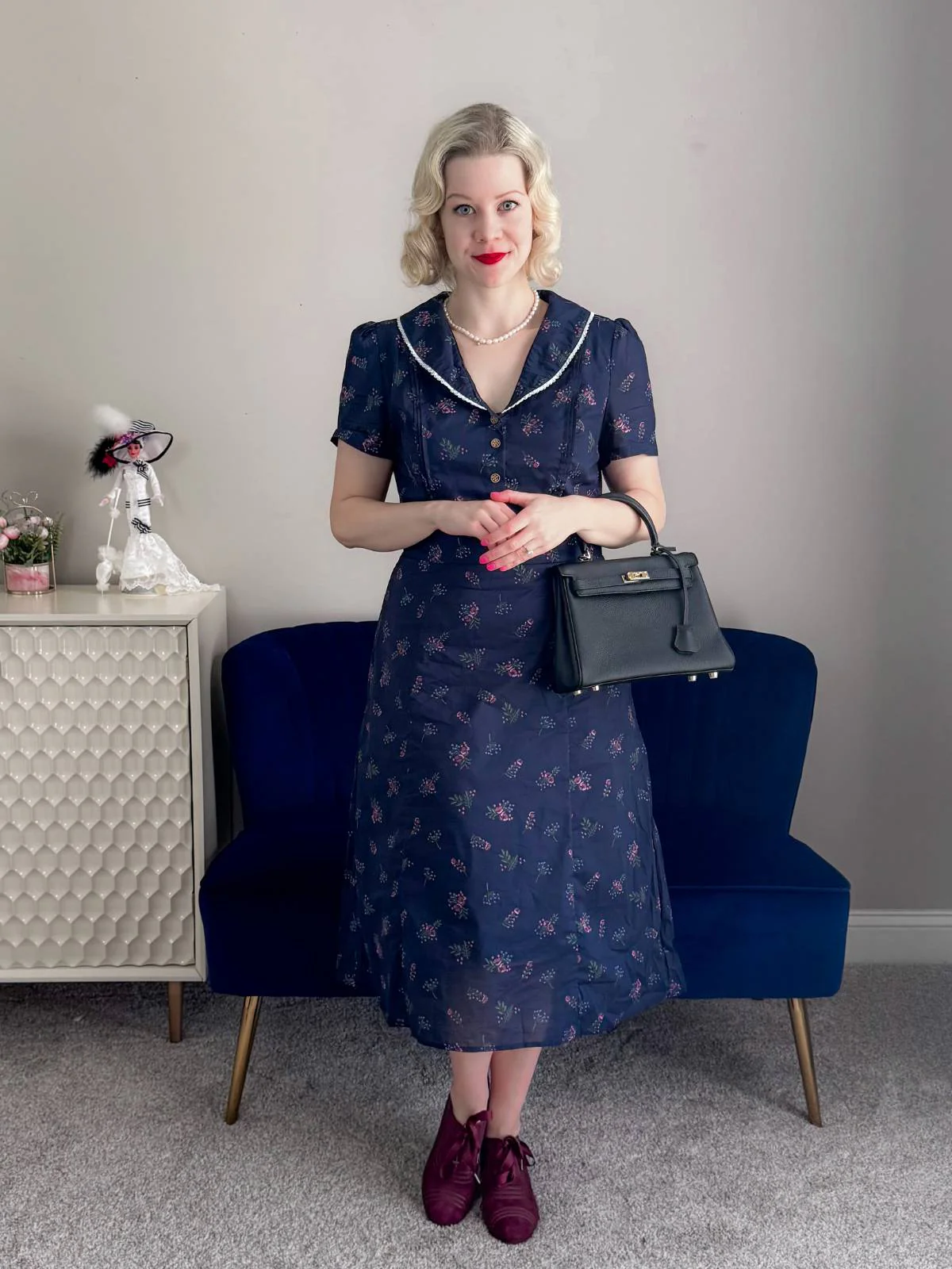 Blau 1940er Baumwolle Puffärmel Revers Blumen Kleid