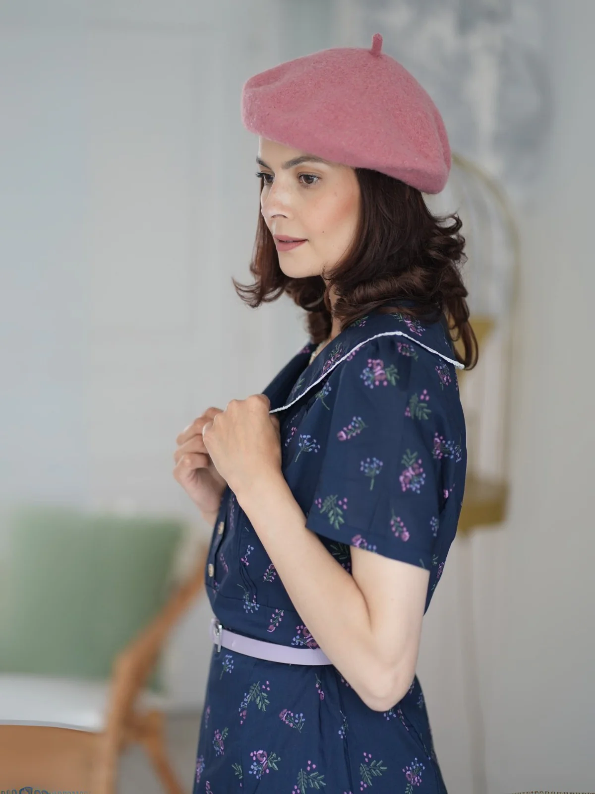 Blau 1940er Baumwolle Puffärmel Revers Blumen Kleid - Image 2