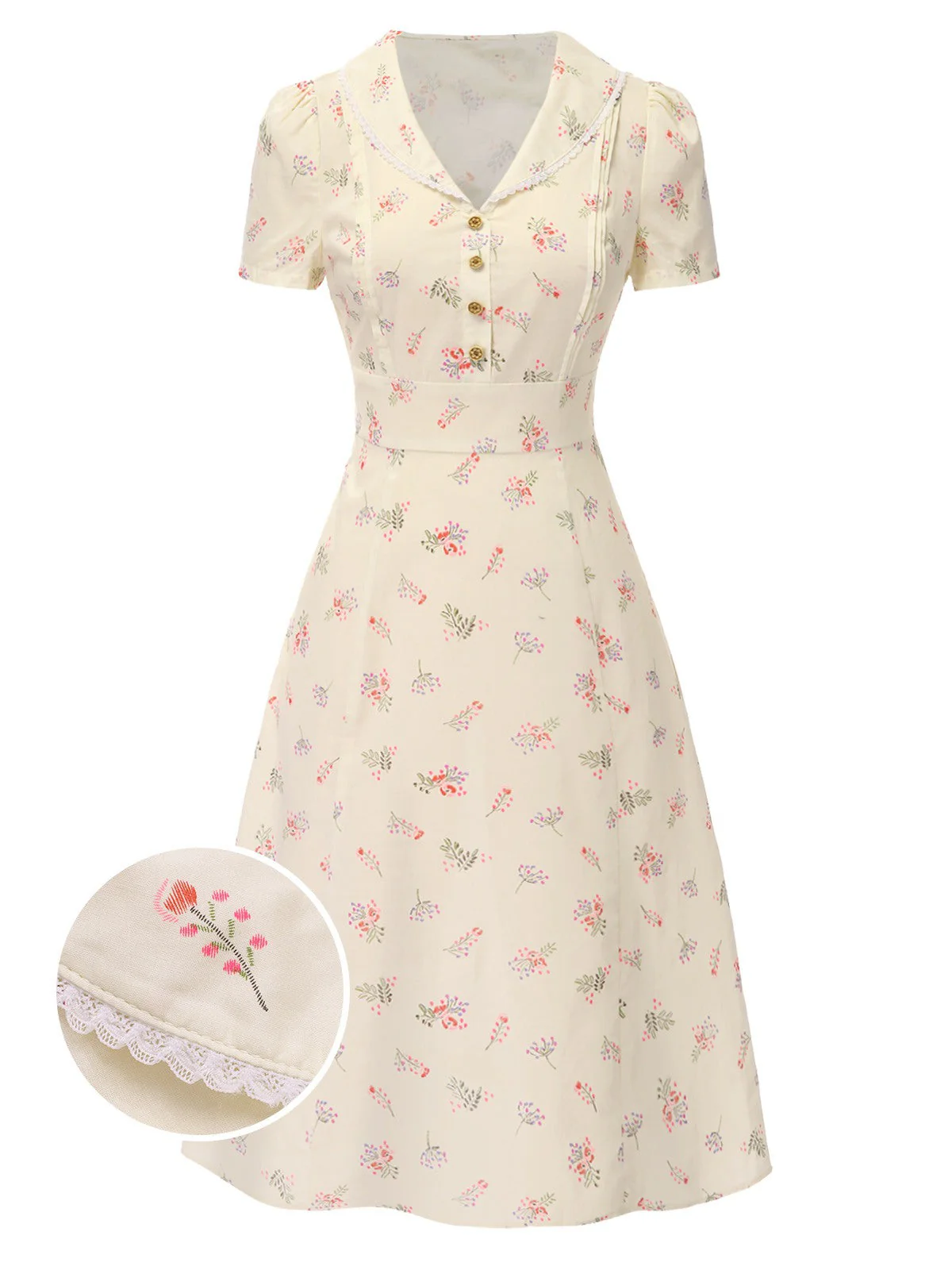 Blau 1940er Baumwolle Puffärmel Revers Blumen Kleid - Image 5