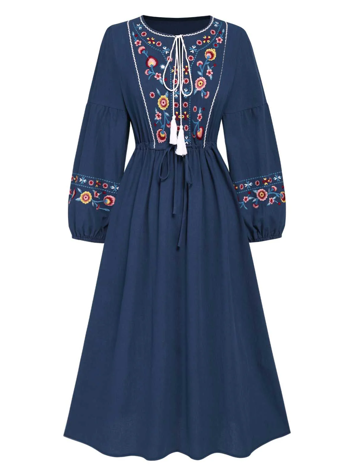 Blau 1940er Bestickt Blumen Laternenärmel Kleid - Image 2