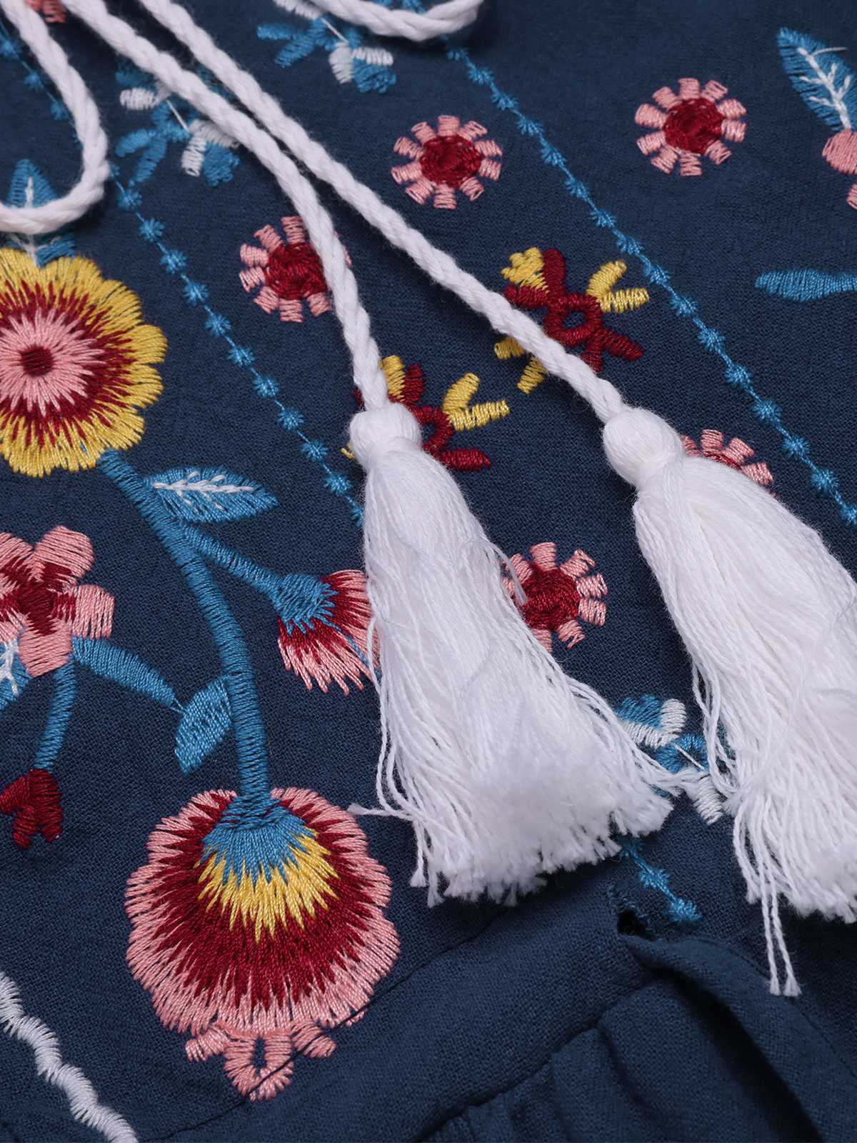 Blau 1940er Bestickt Blumen Laternenärmel Kleid - Image 4