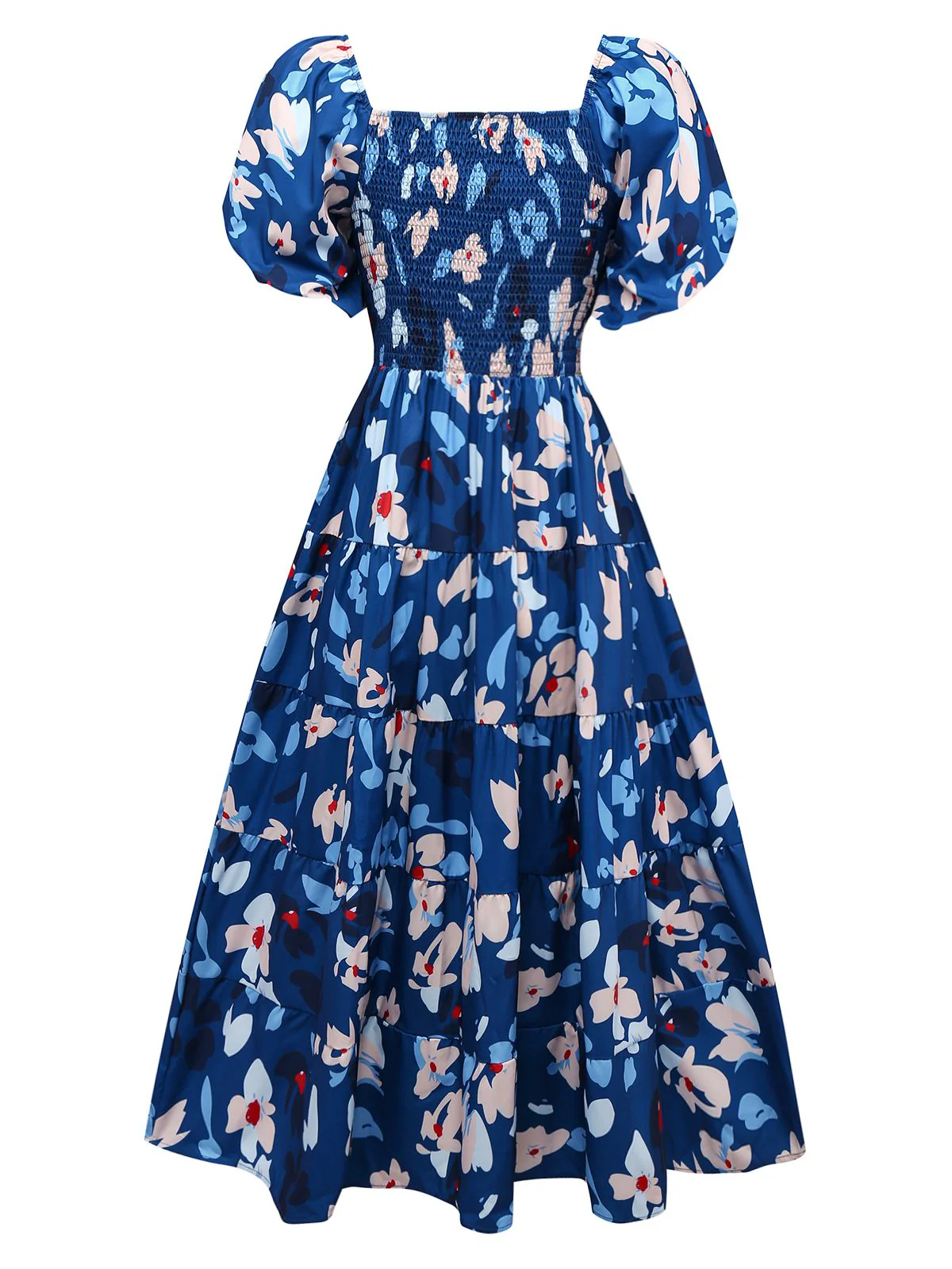 Blau 1940er Blumen Puffärmel Schulterfrei Kleid - Image 2