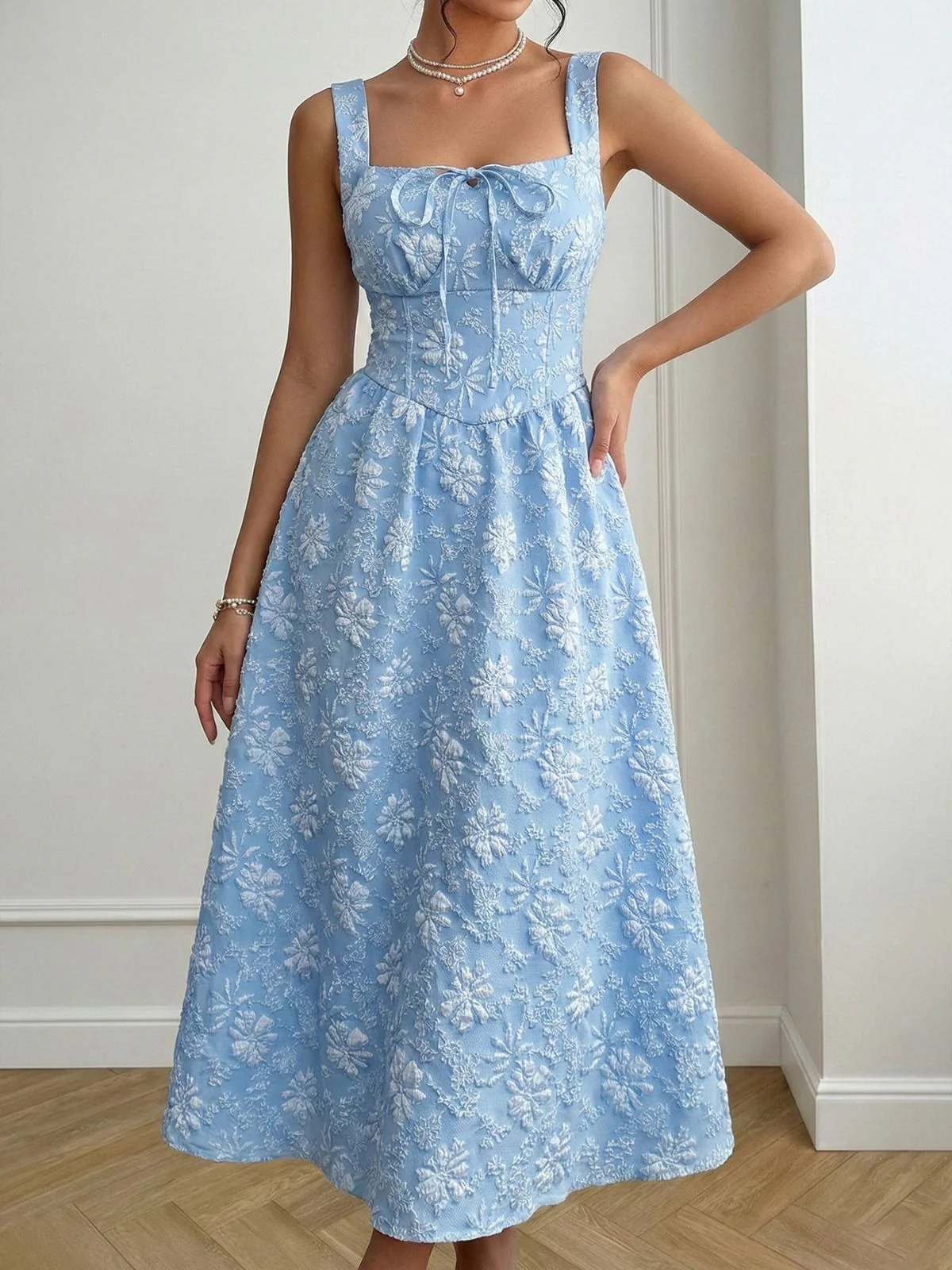 Blau 1940er Karree Ausschnitt Empire-Taille Jacquard Gesmoktes Kleid - Image 2