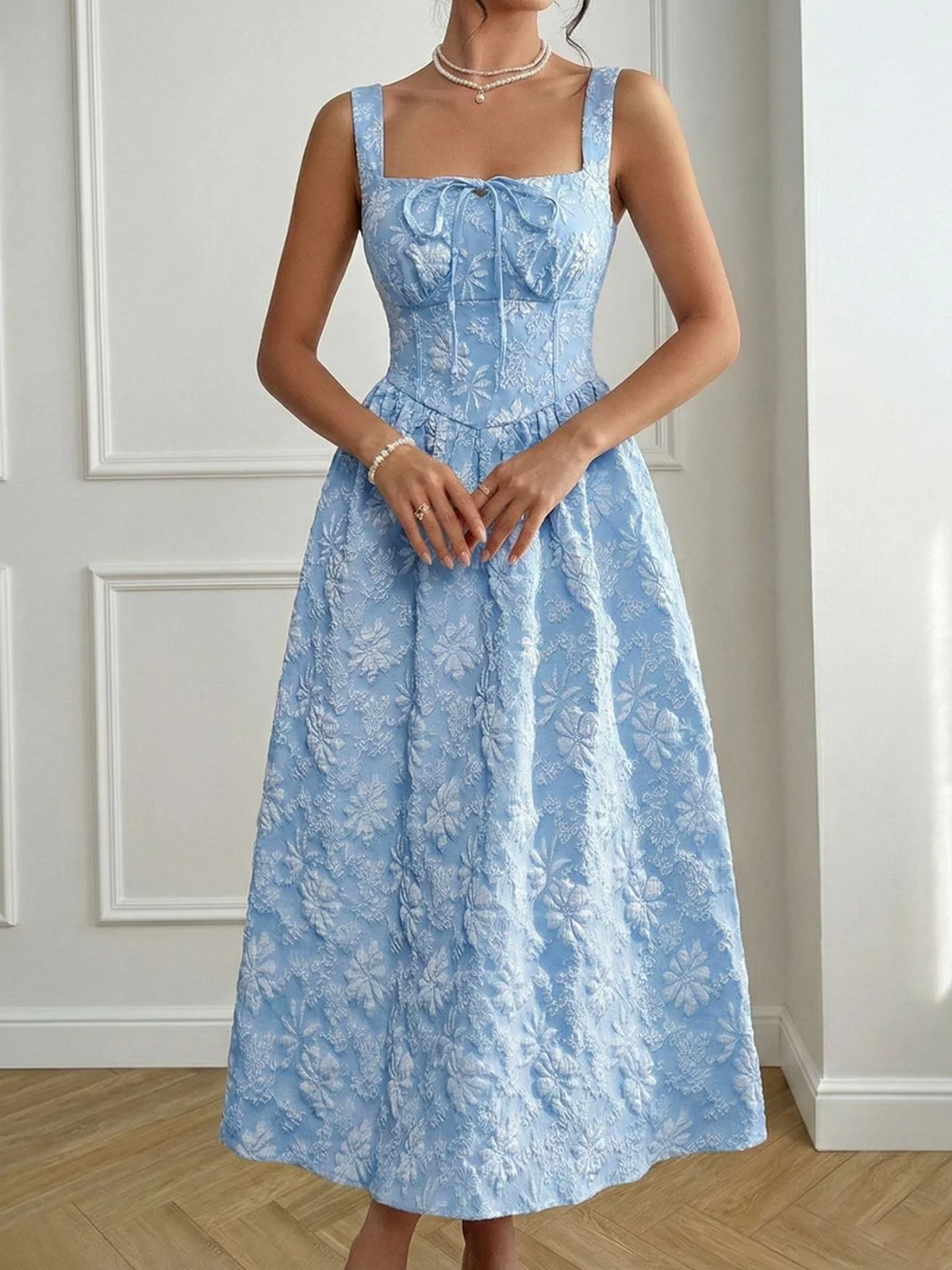 Blau 1940er Karree Ausschnitt Empire-Taille Jacquard Gesmoktes Kleid - Image 3