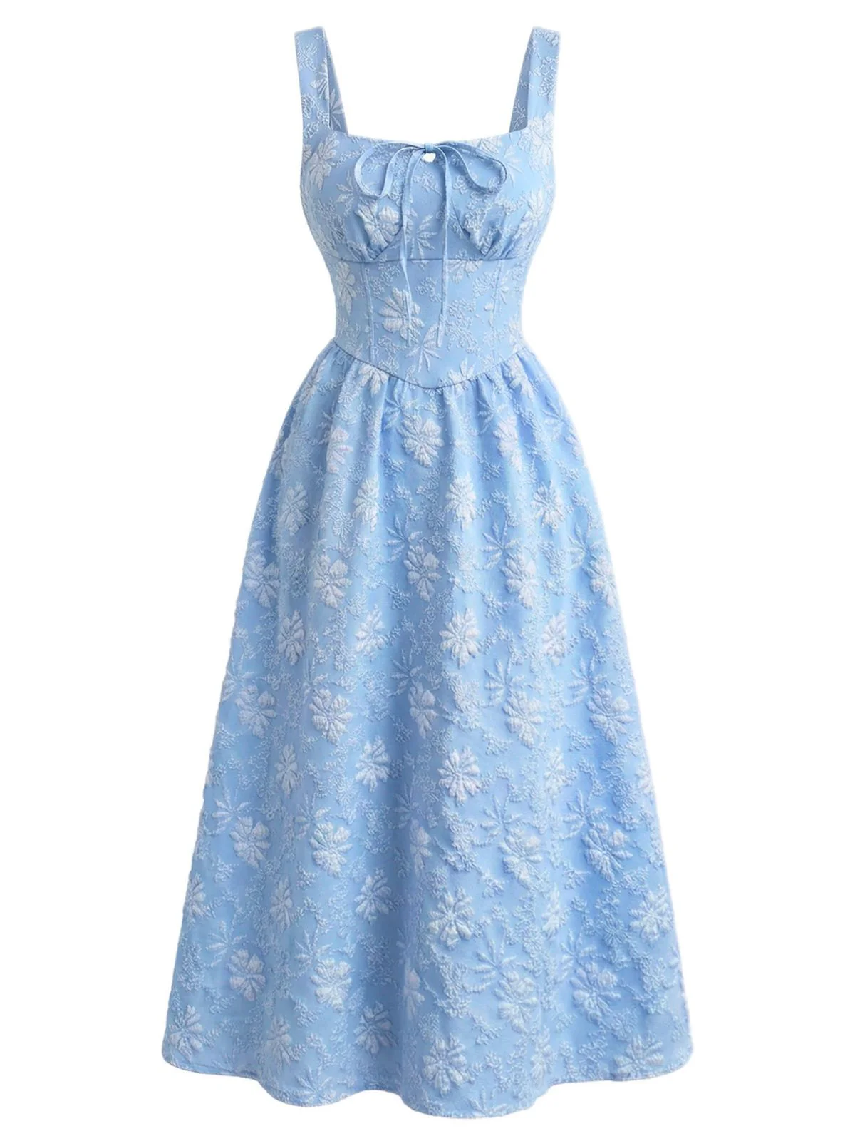 Blau 1940er Karree Ausschnitt Empire-Taille Jacquard Gesmoktes Kleid - Image 4