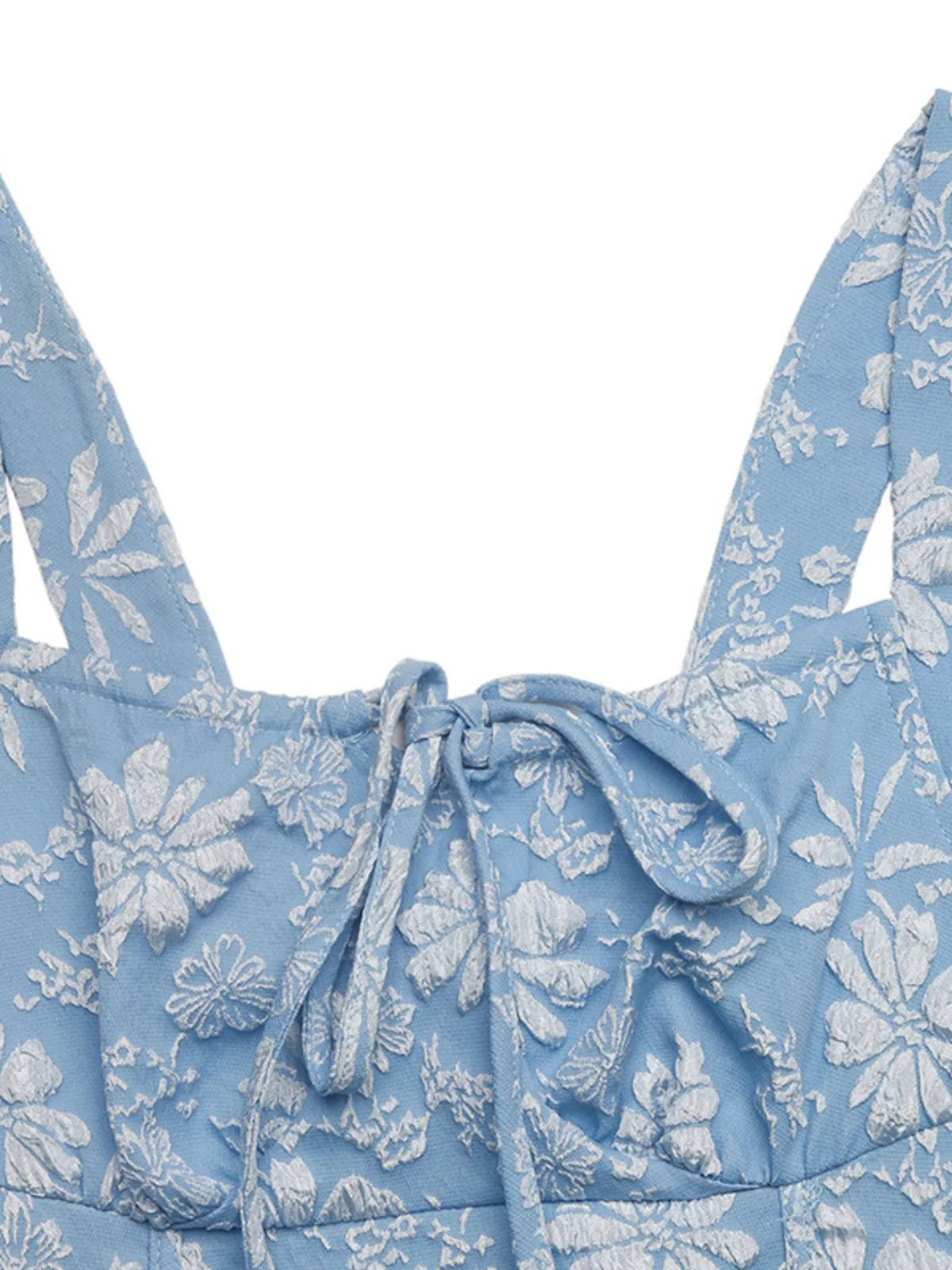 Blau 1940er Karree Ausschnitt Empire-Taille Jacquard Gesmoktes Kleid - Image 5