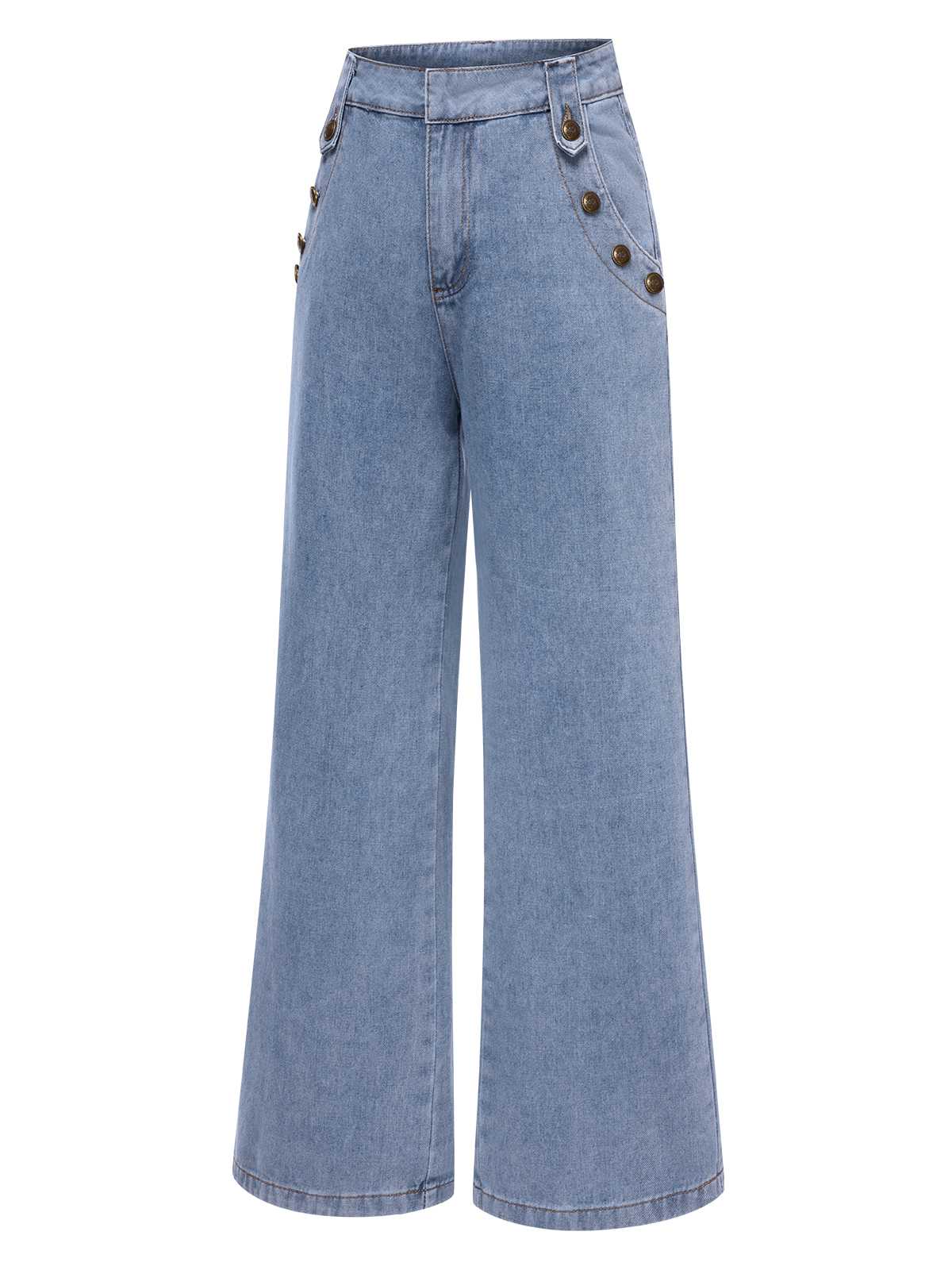 Blau 1940er Knöpfen Weites-Bein Denim Jeans - Image 2