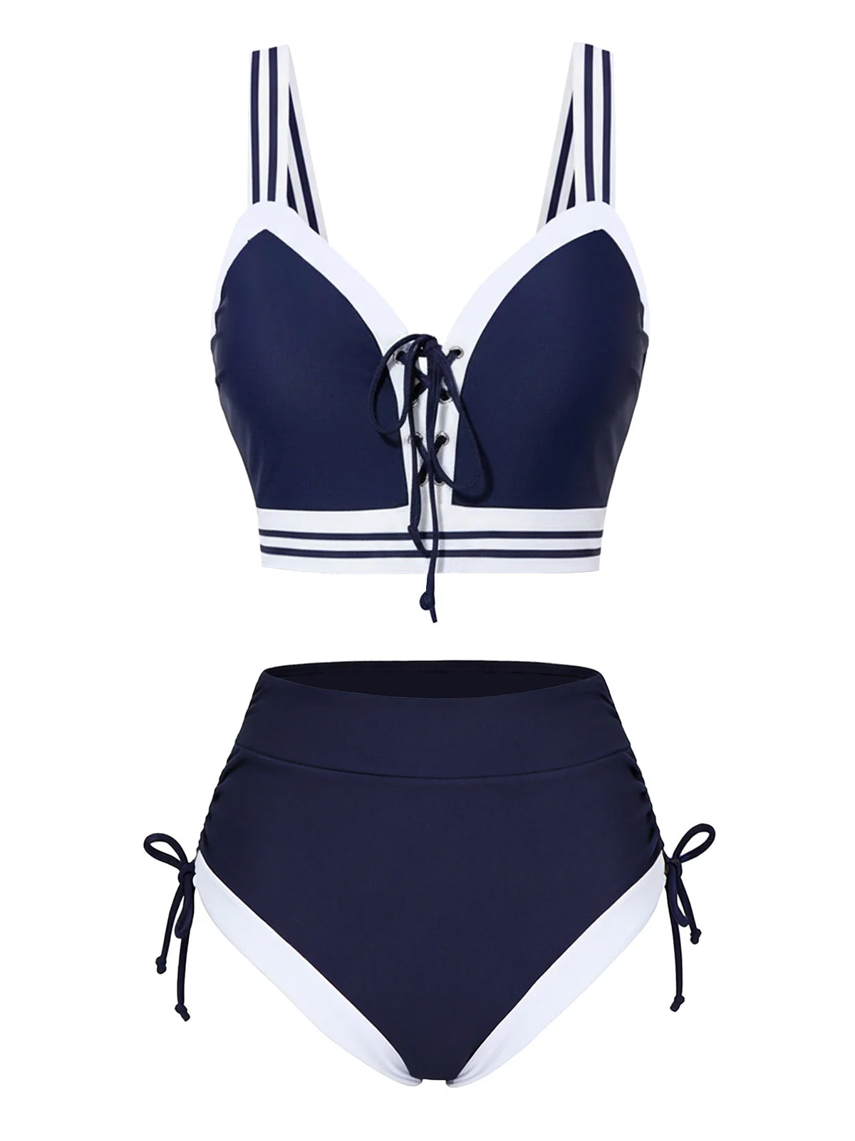 Blau 1940er Nautisch Streifen Schnürung Bikini Set - Image 2