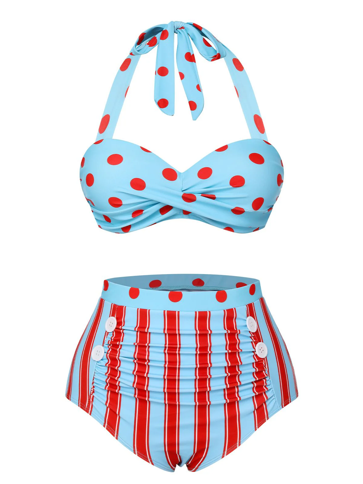 Blau 1940er Polka Dot Streifen Halter Bikini Set - Image 2