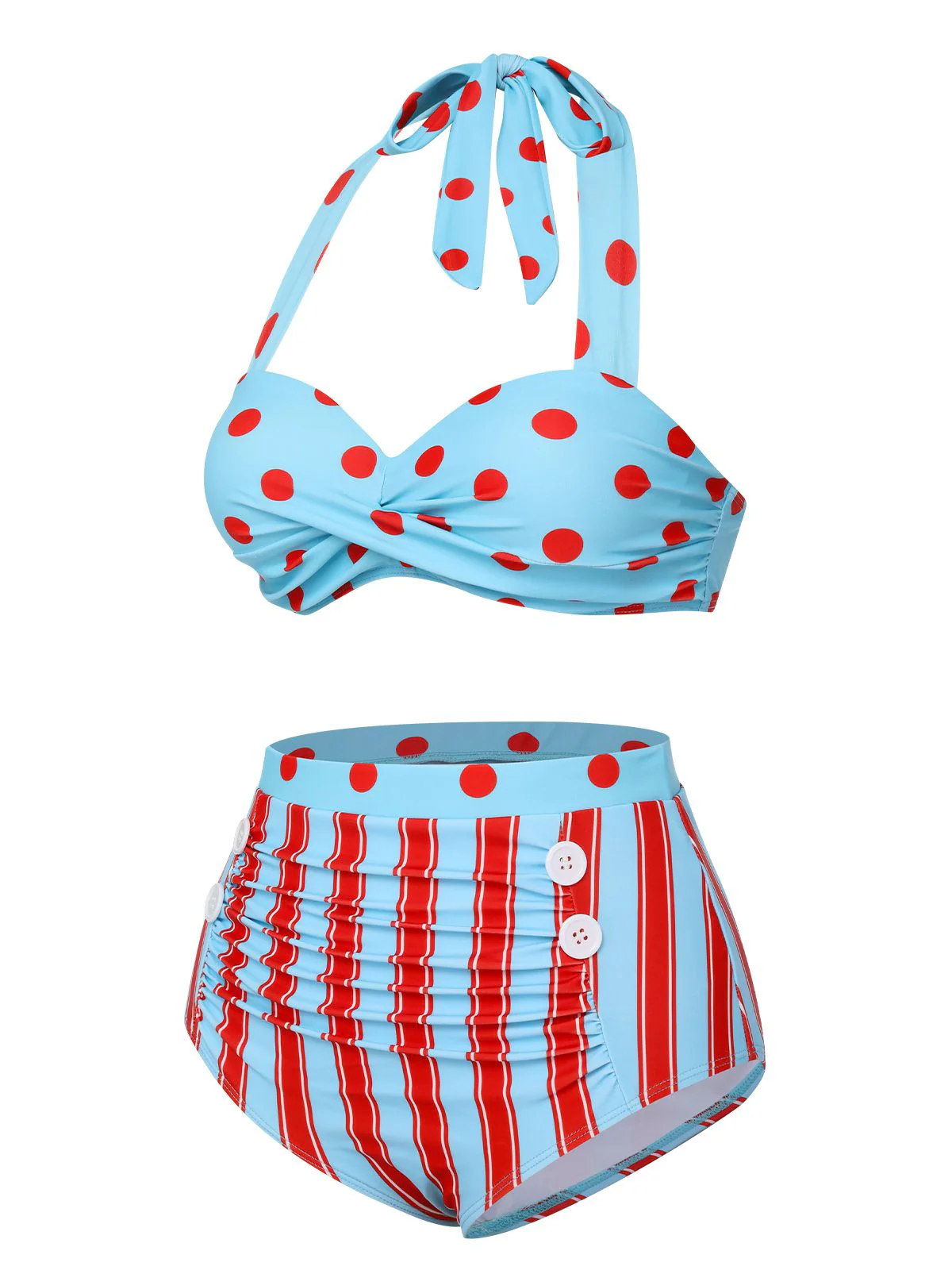 Blau 1940er Polka Dot Streifen Halter Bikini Set - Image 3