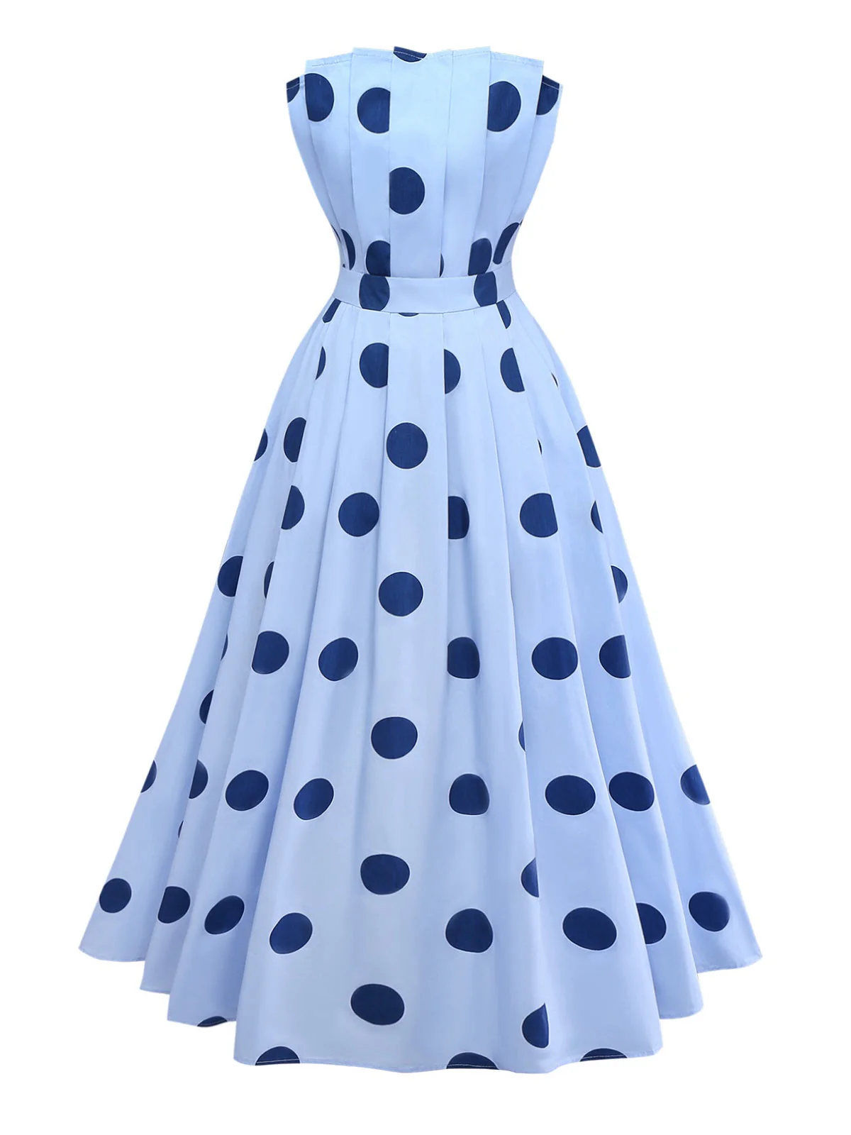 Blau 1940er Polka Punkte Trägerlos Plissiertes Kleid - Image 2