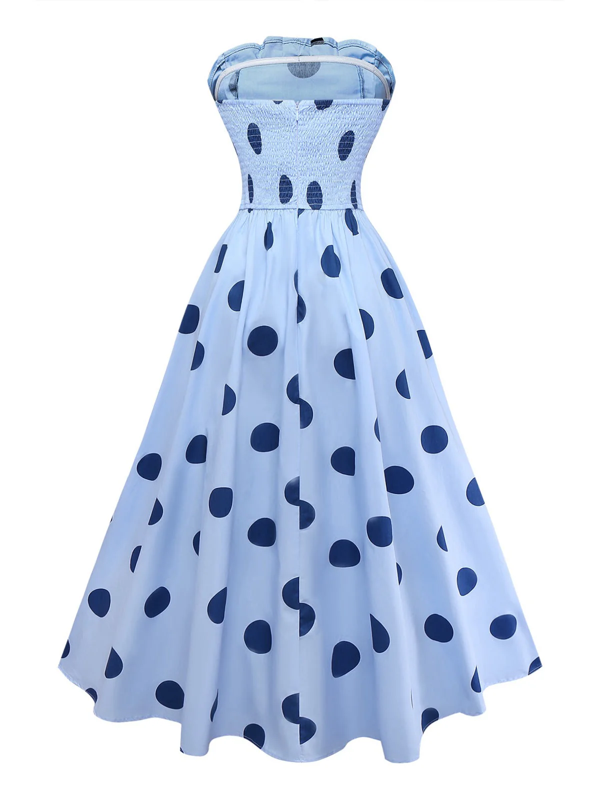 Blau 1940er Polka Punkte Trägerlos Plissiertes Kleid - Image 3