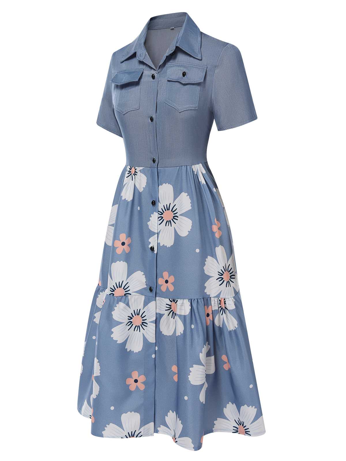 Blau 1940er Revers Knöpfen Blumen Kleid - Image 2