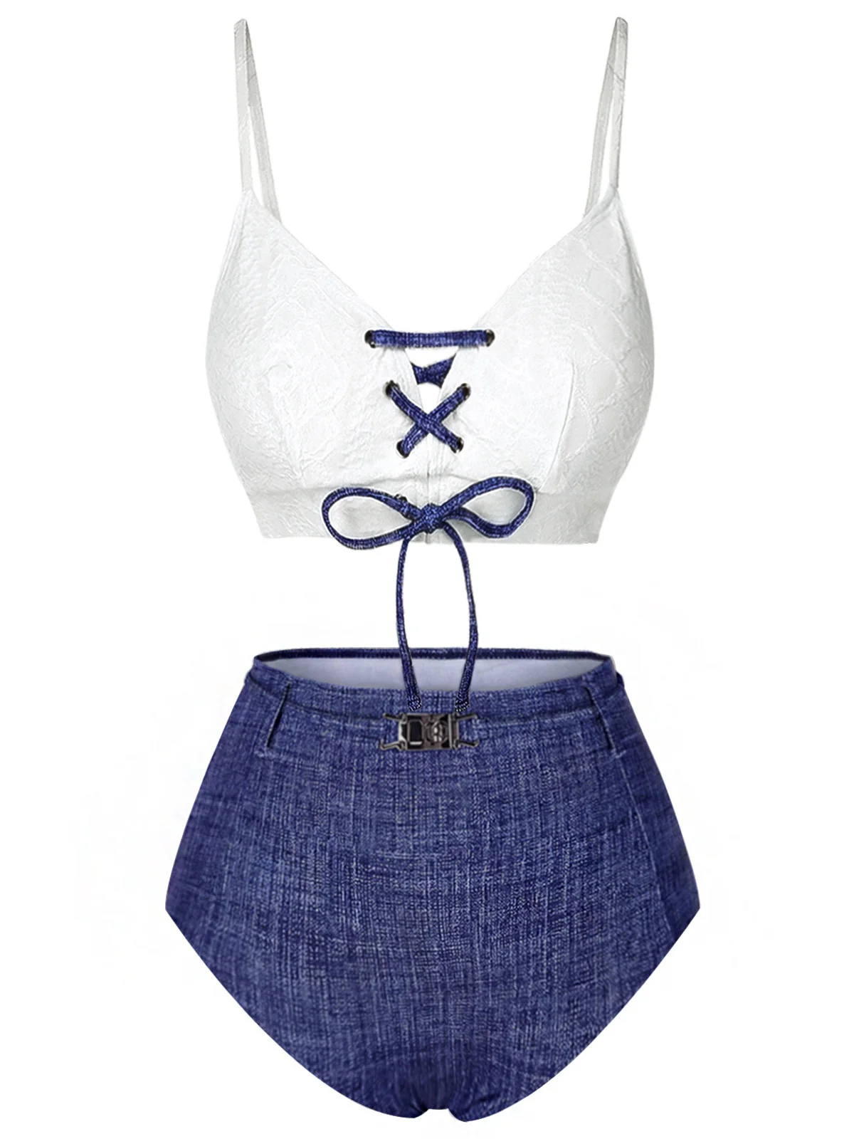 Blau 1940er Schnürung Halter Schein-Denim Bikini Set - Image 2