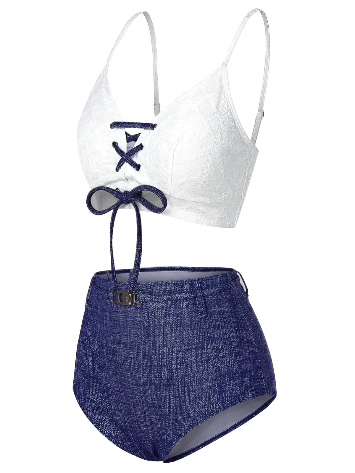 Blau 1940er Schnürung Halter Schein-Denim Bikini Set - Image 3