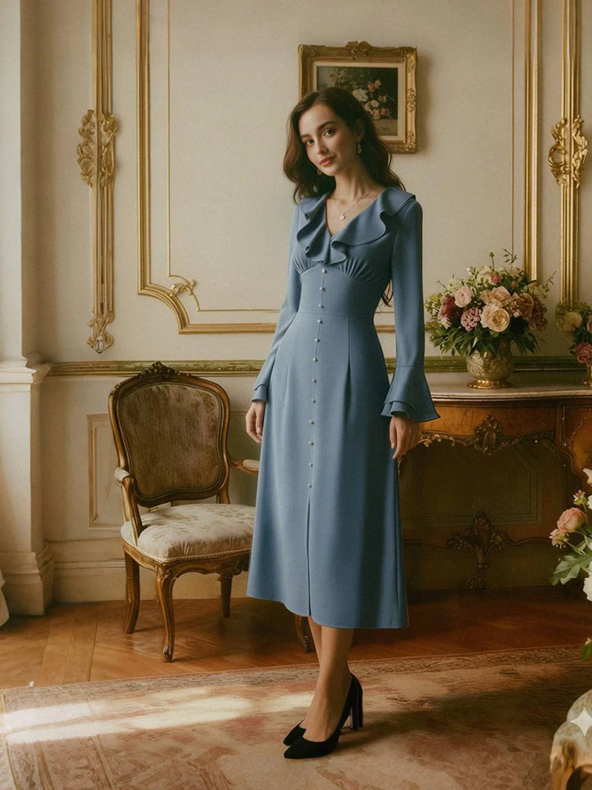 Blau 1940er Taste Satin Schlitz Kleid - Image 2