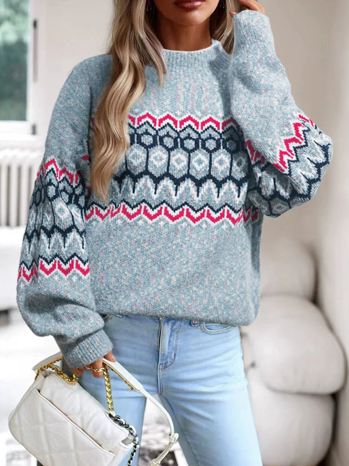 Blau 1940er Unregelmäßiger Druck Weihnachten Pullover - Image 3