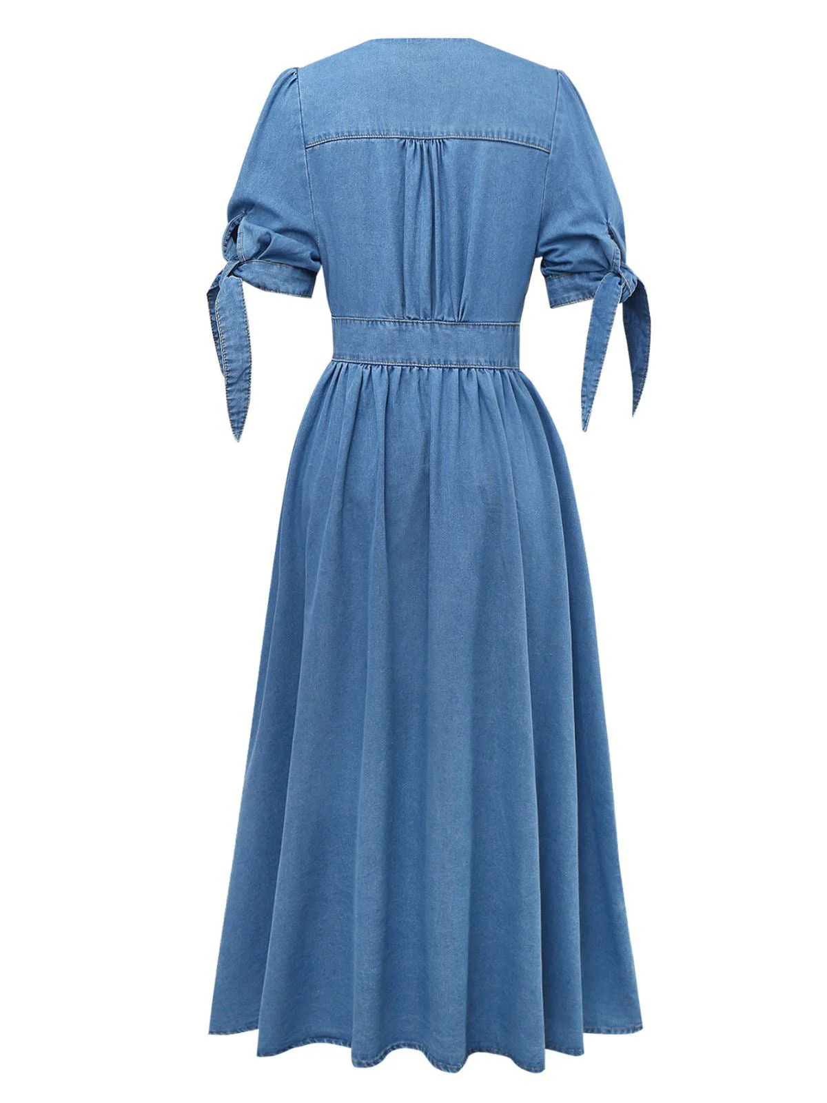 Blau 1940er V-Ausschnitt Knotenmanschette Denim Kleid - Image 2