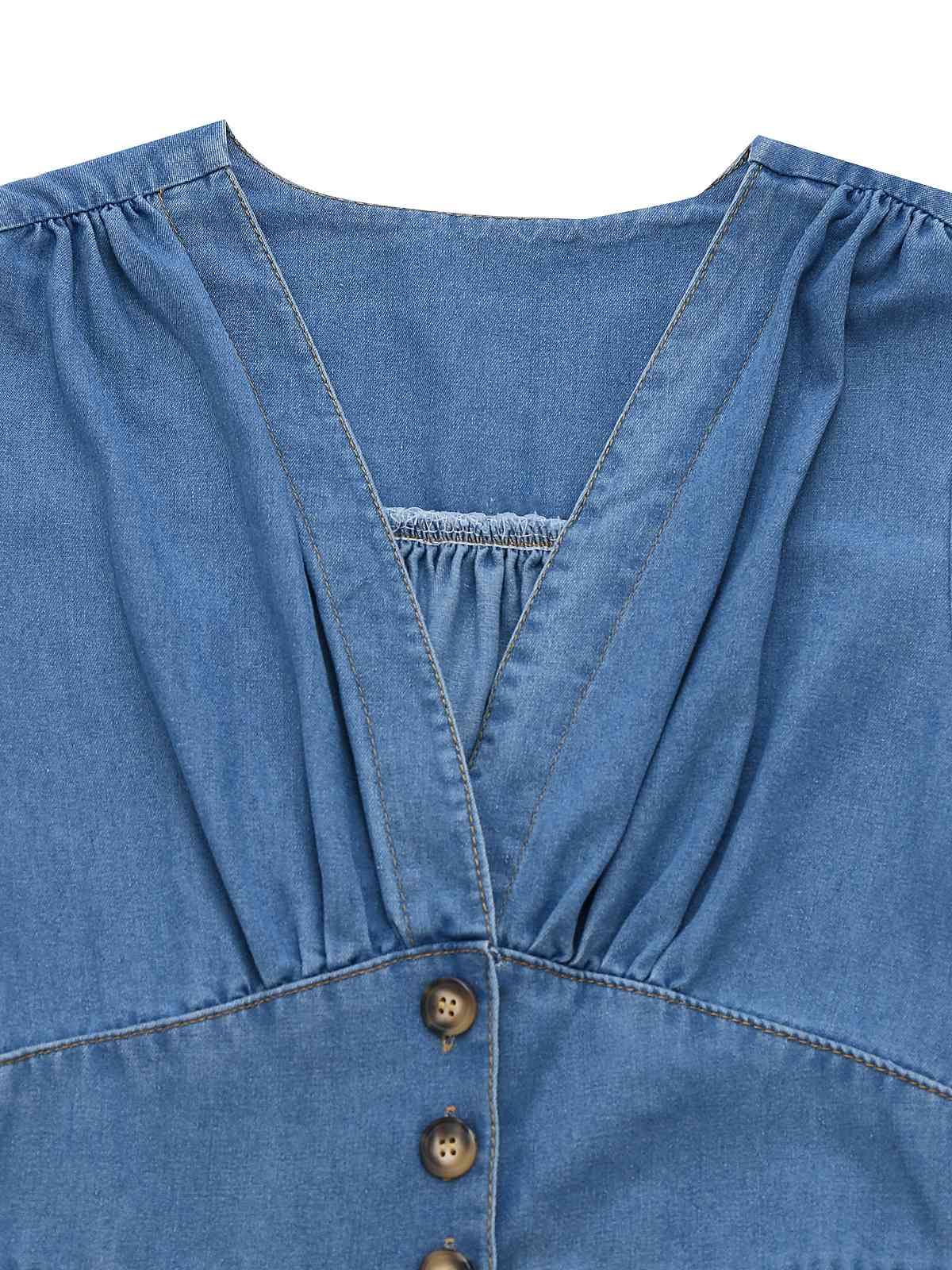 Blau 1940er V-Ausschnitt Knotenmanschette Denim Kleid - Image 3