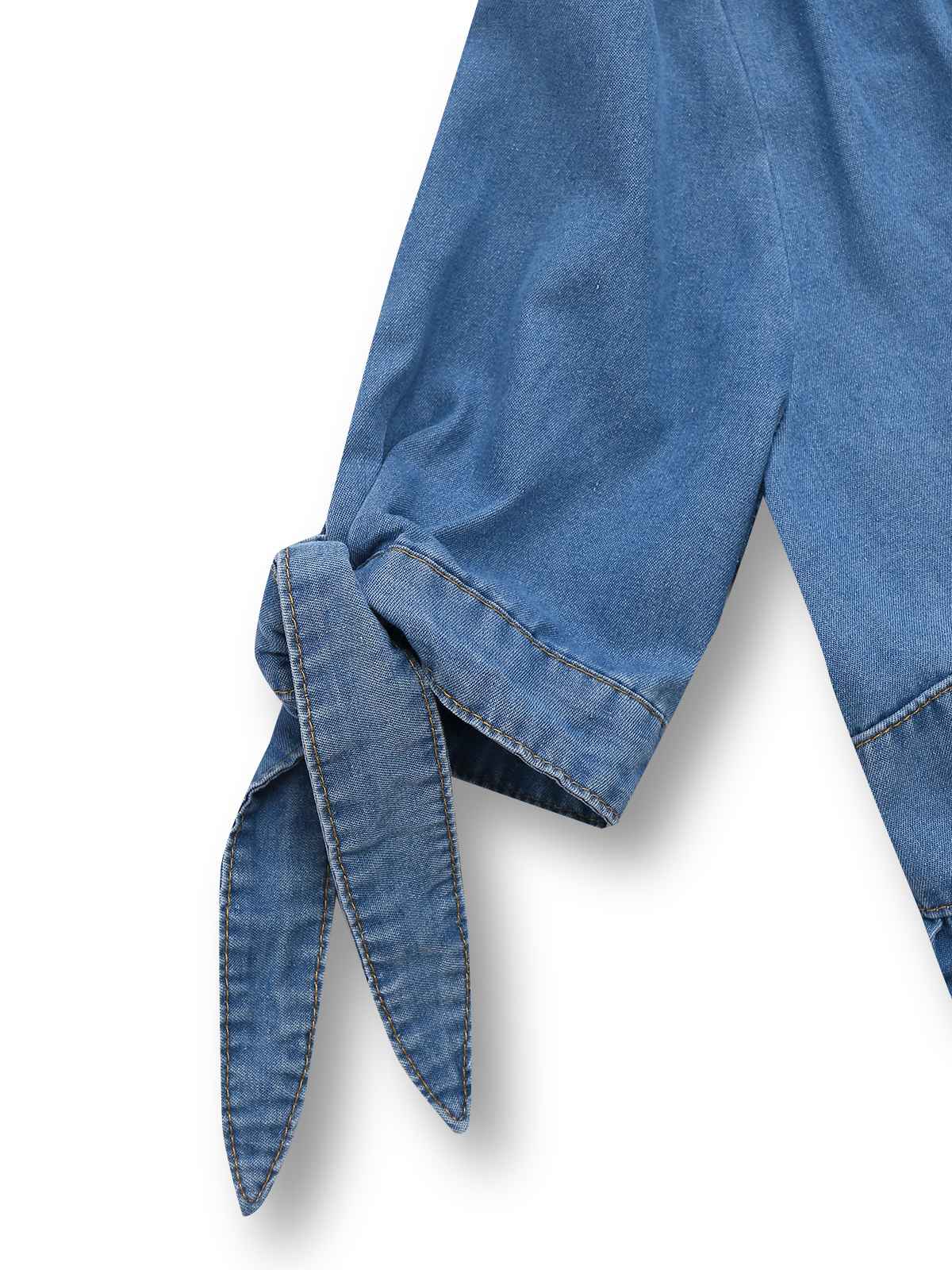 Blau 1940er V-Ausschnitt Knotenmanschette Denim Kleid - Image 4