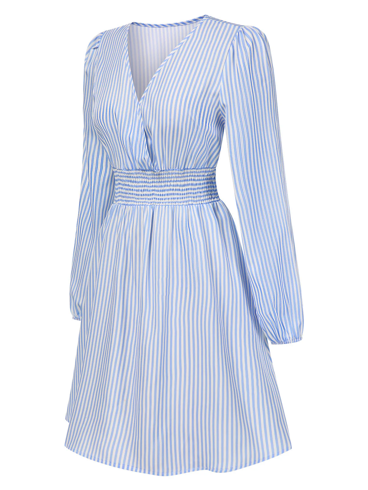 Blau 1940er V-Ausschnitt Streifen Lange Ärmel Kleid - Image 2