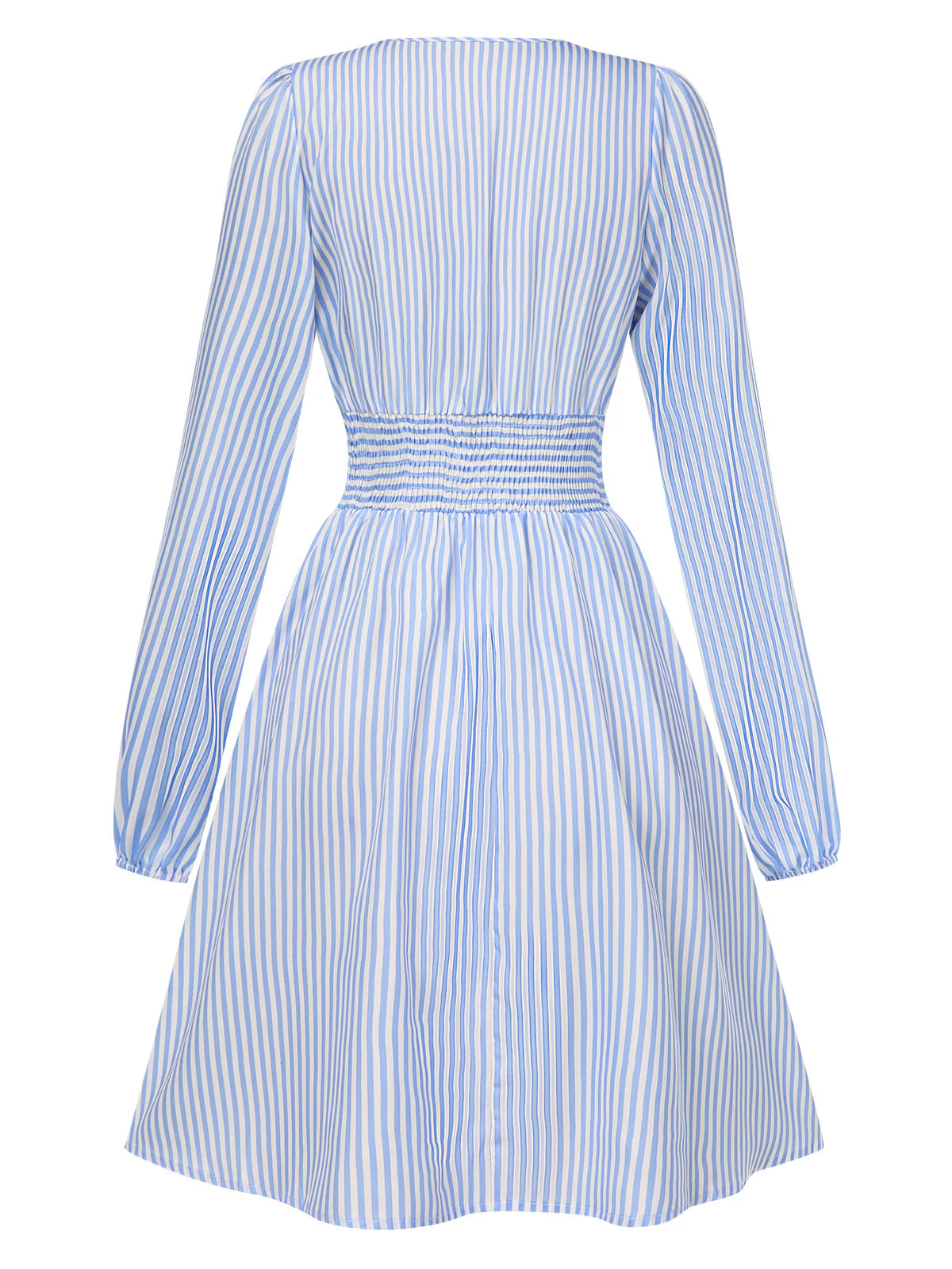 Blau 1940er V-Ausschnitt Streifen Lange Ärmel Kleid - Image 3