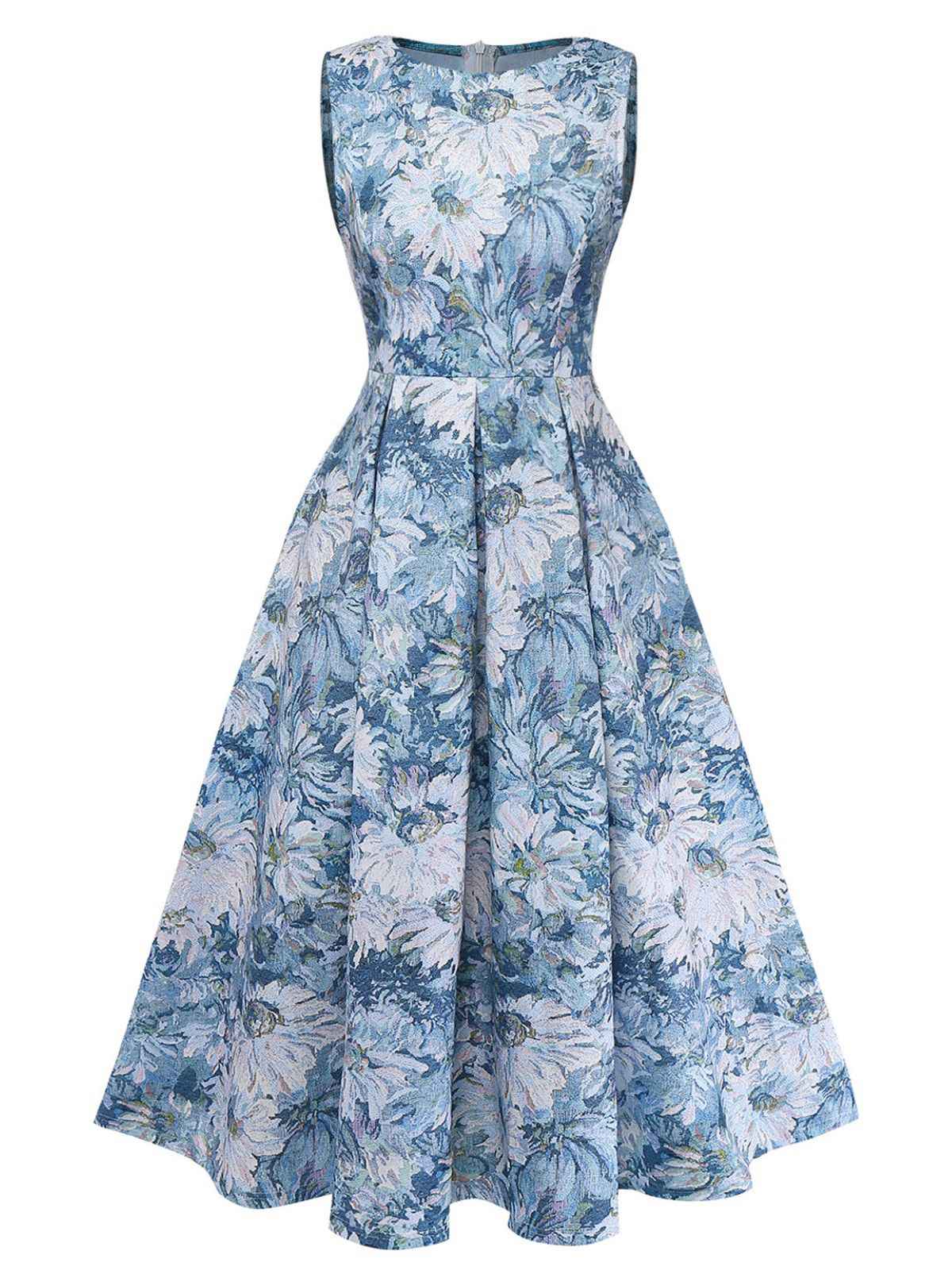 [Vorverkauf] Blau 1950er All-Over Ölmalerei Blumen Ärmelloses Kleid - Image 2